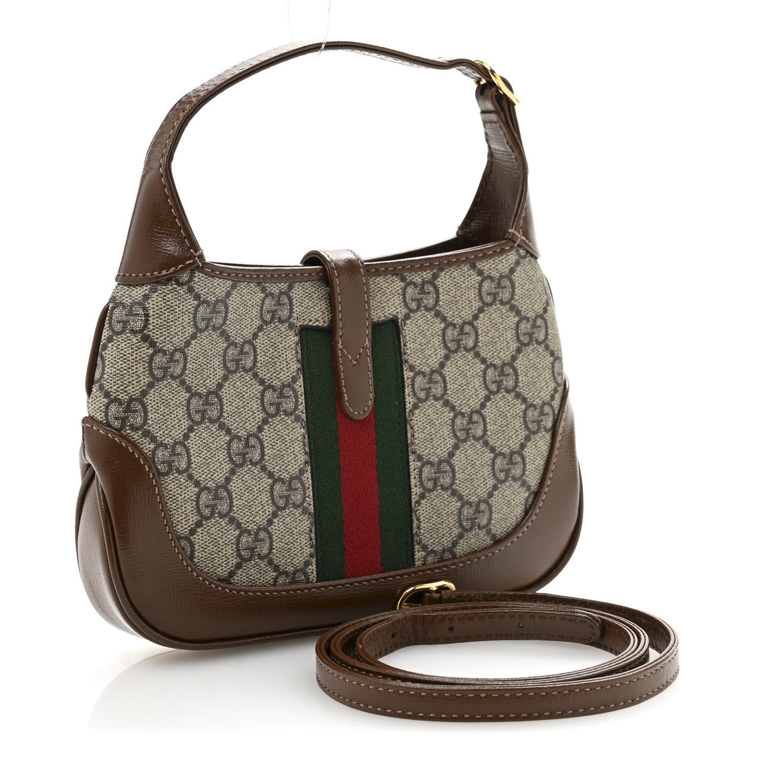 GG Supreme Monogram Azalea Calfskin Web Mini Jackie 1961 Hobo Beige Ebony Brown Sugar