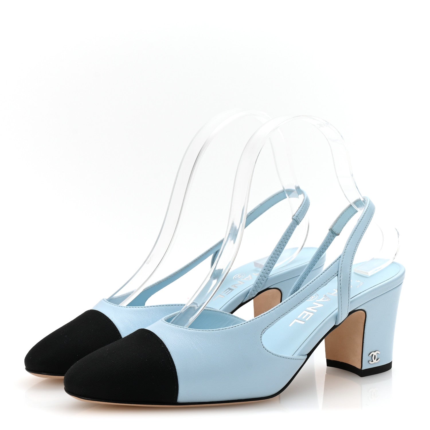 Lambskin Grosgrain Cap Toe CC Slingback Pumps 38 Light Blue Black