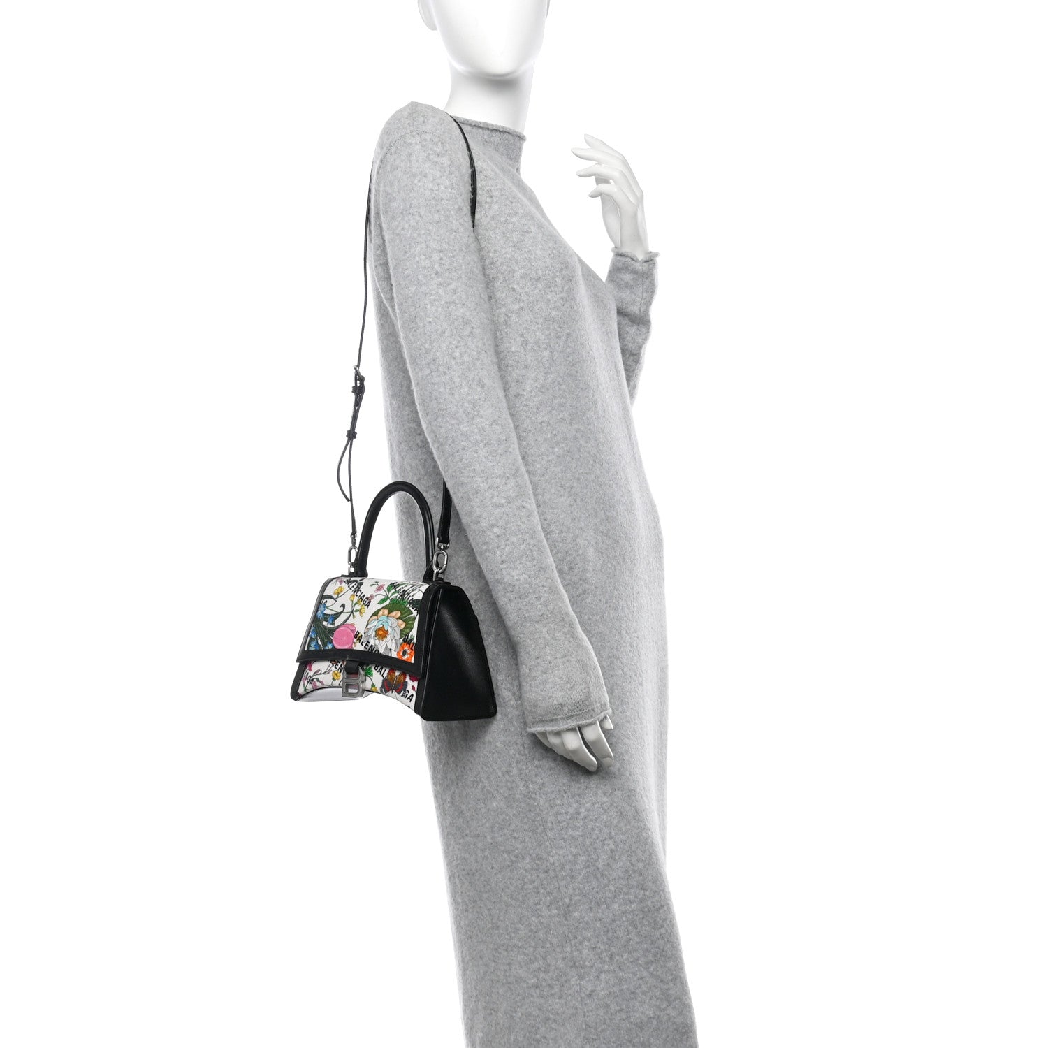 X GUCCI Canvas Boarded Plutone Calfskin Flora Logo Print Small Hourglass Top Handle Bag White Multicolor Black