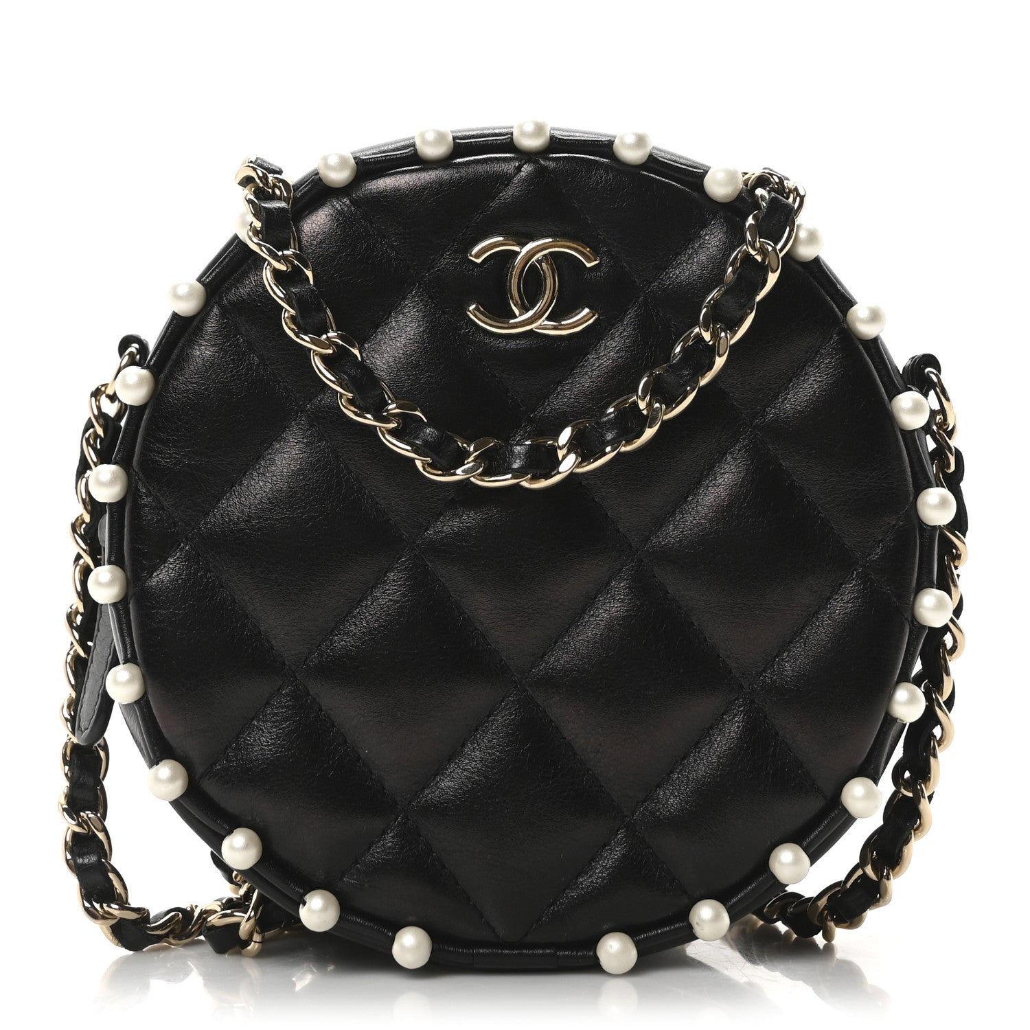 Calfskin Quilted Pearl Round Clutch With Chain Black