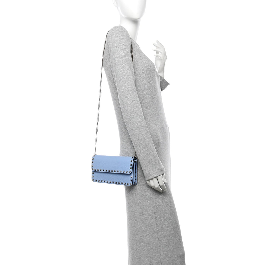 Grainy Calfskin Rockstud Chain Pouch Popeline Blue