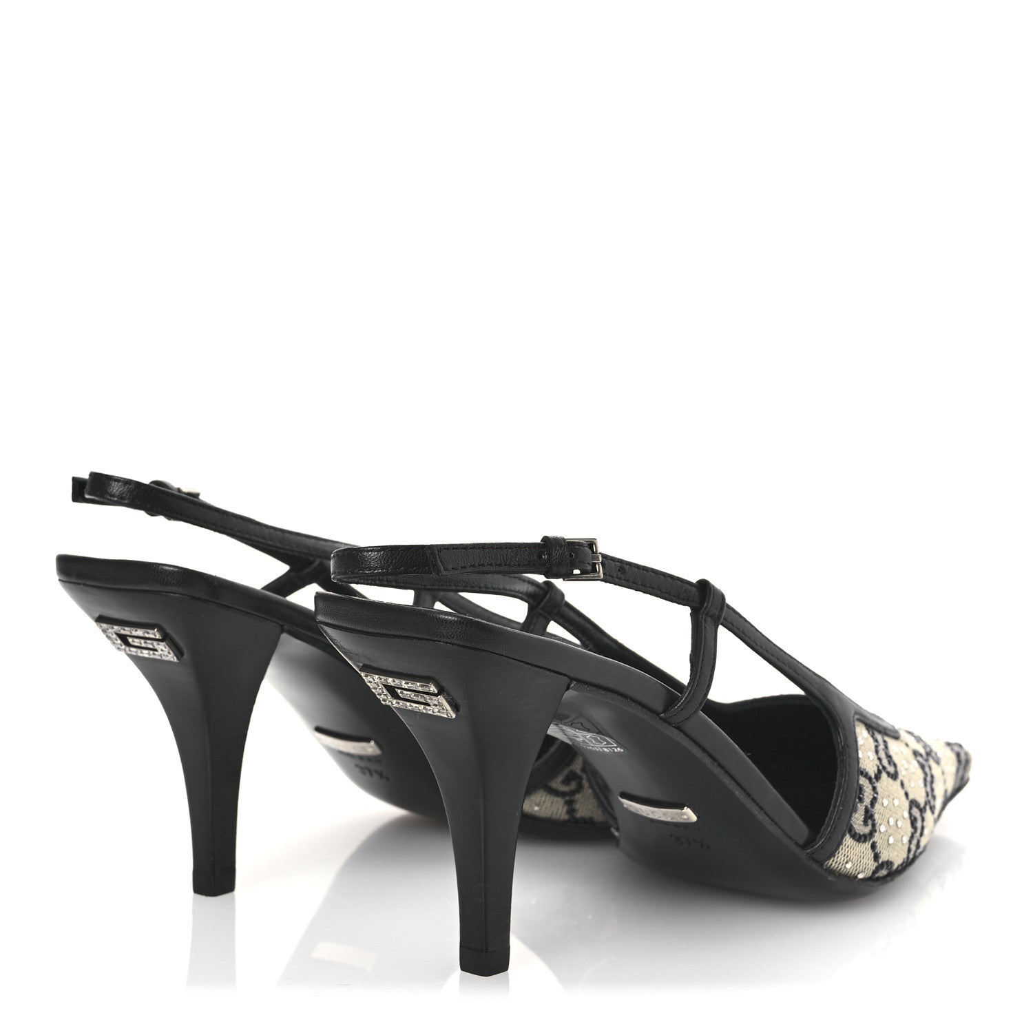 GG Monogram Malaga Kid Crystal Square G 75mm Slingback Pumps 37.5 Beige Blue