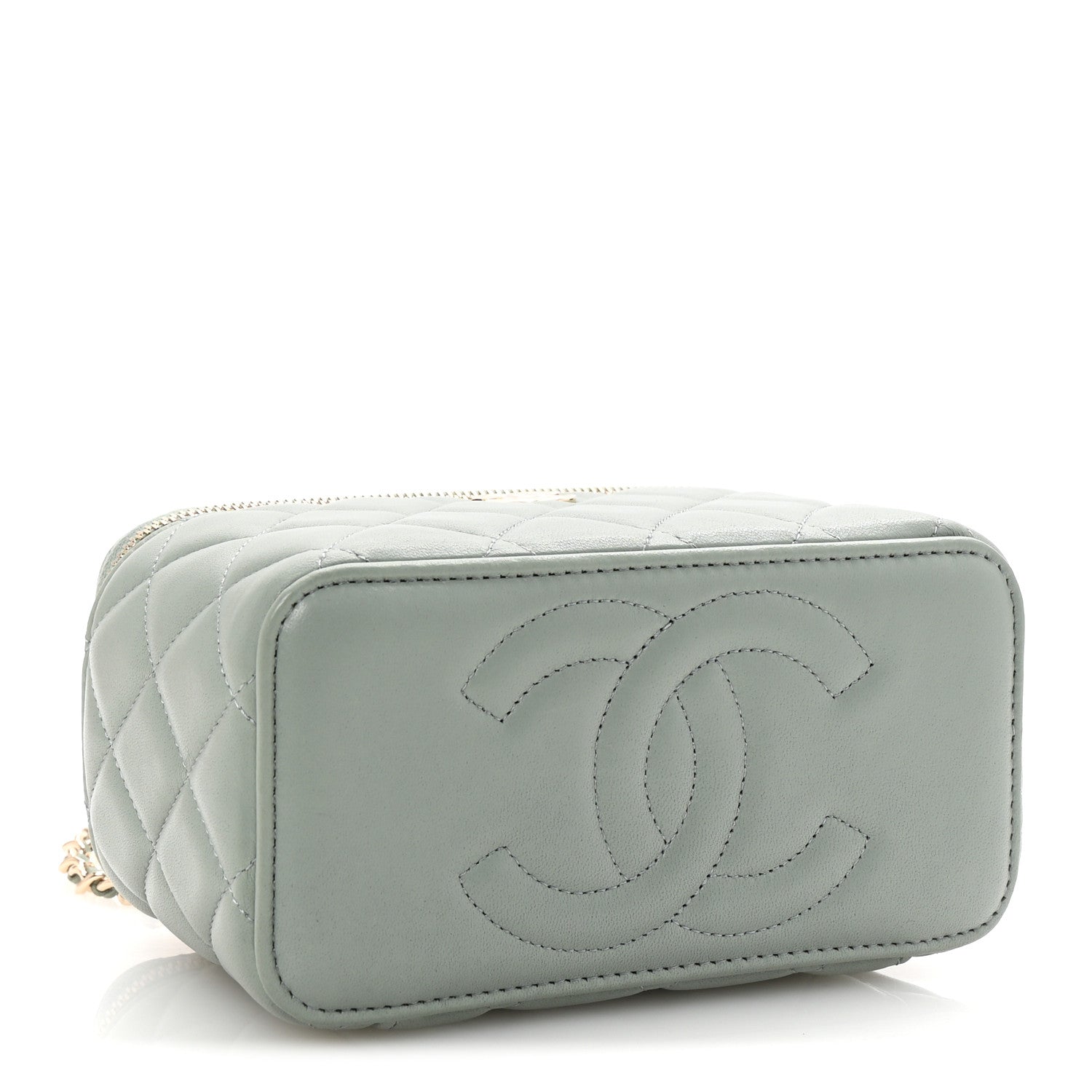 Lambskin Quilted Small Top Handle Vanity Case With Chain Light Blue