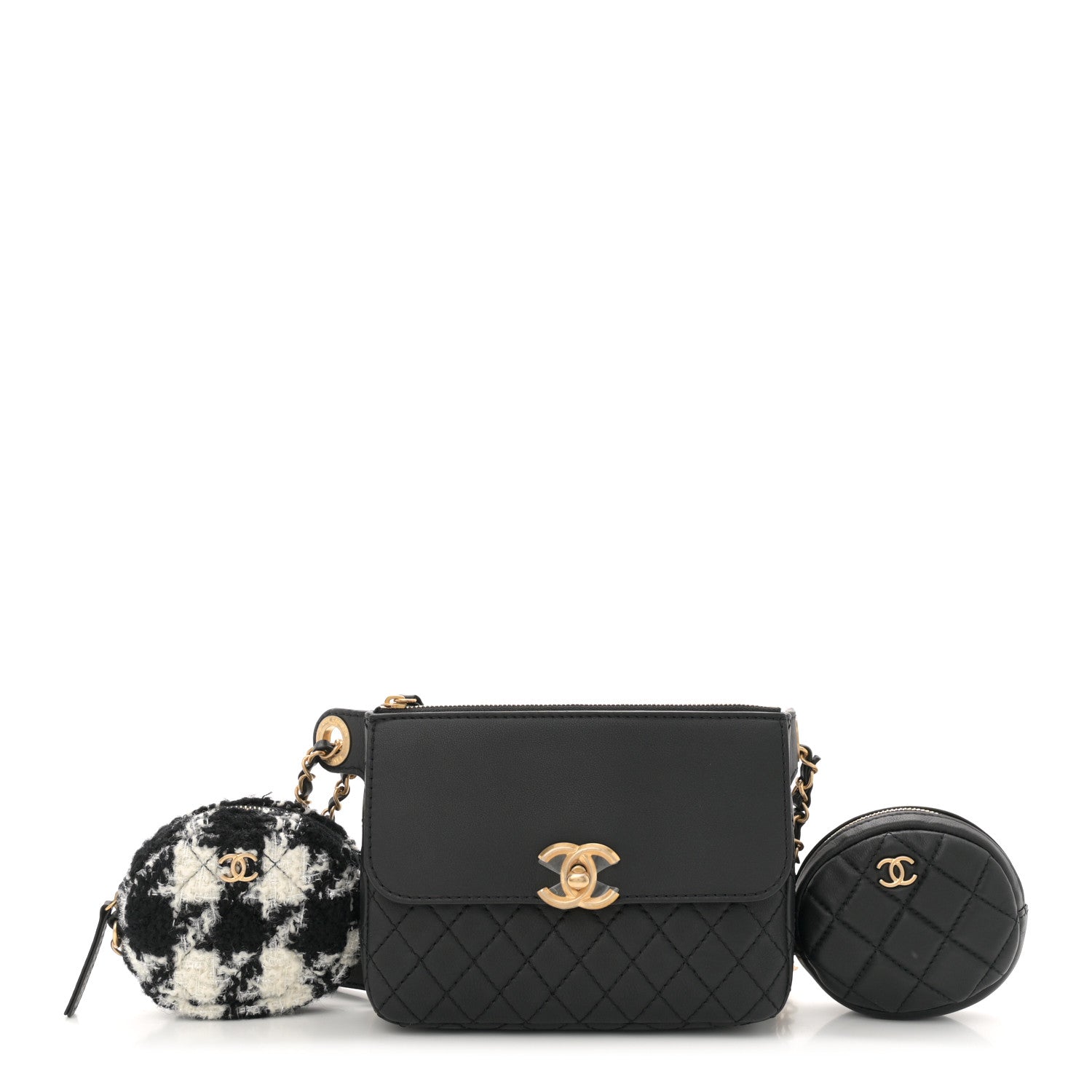 Calfskin Quilted Multi Pouching Flap And Coin Purse Black