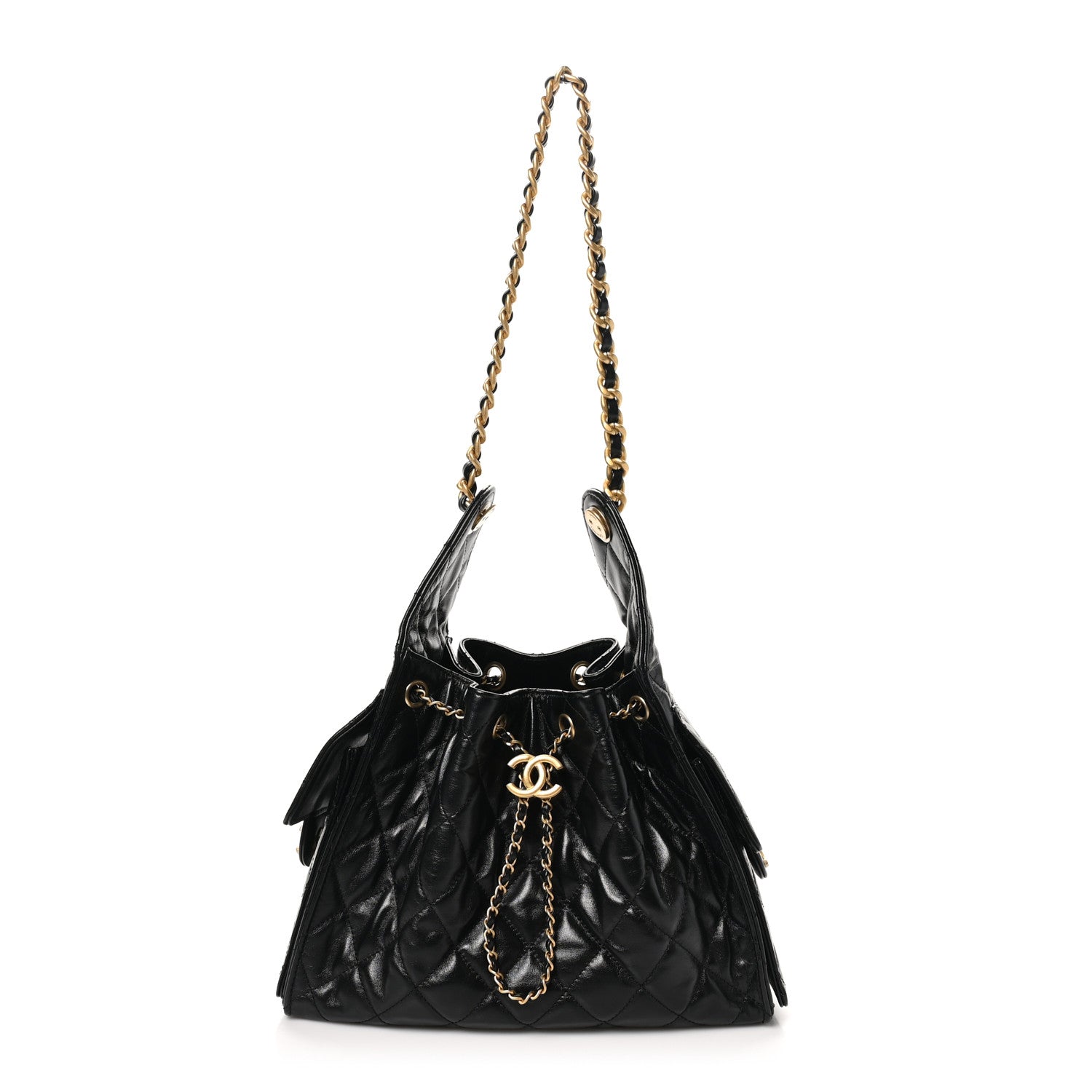 Shiny Calfskin Quilted Small Chanel 25 Handbag Black