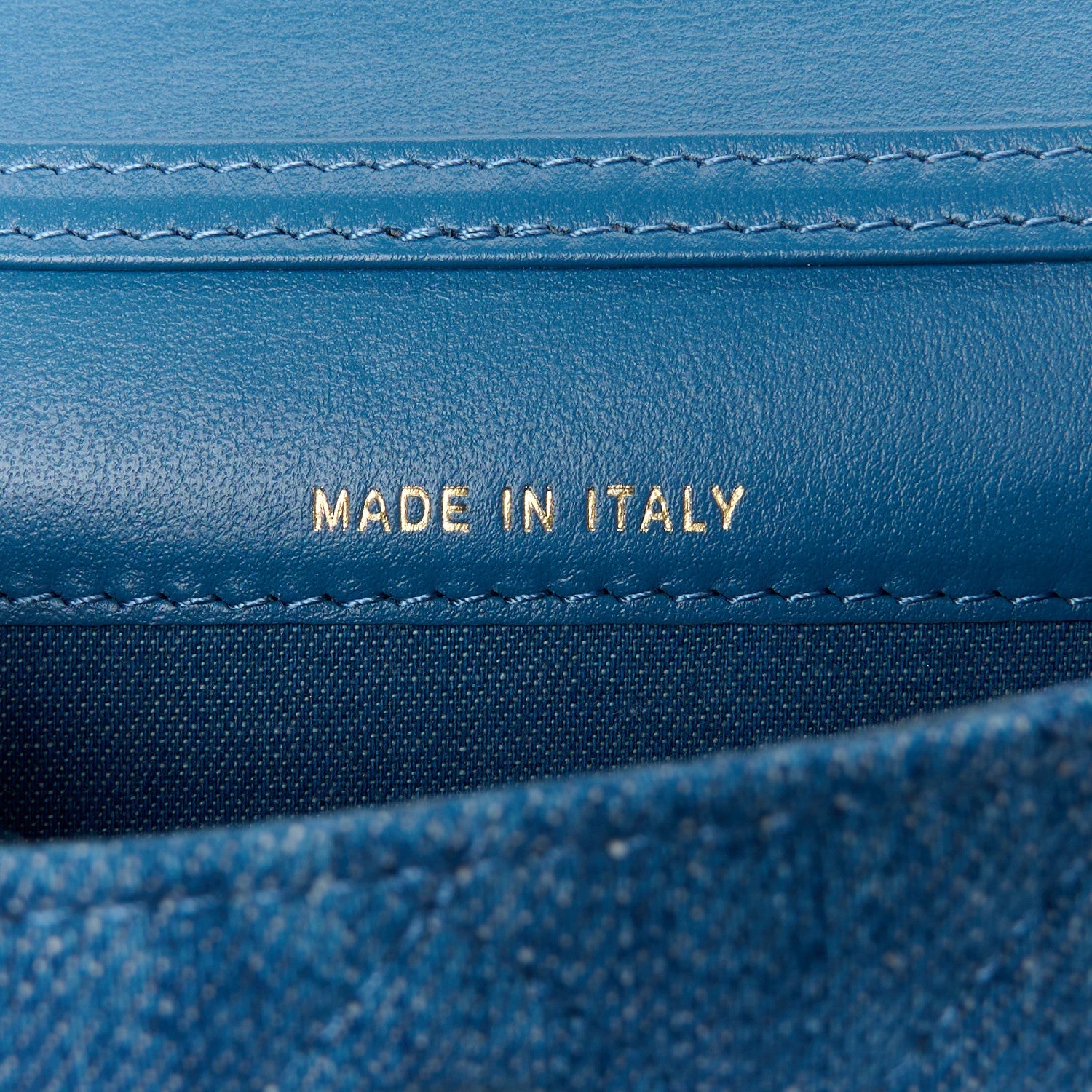 Denim Quilted CC Pearl Crush Clutch With Chain Blue