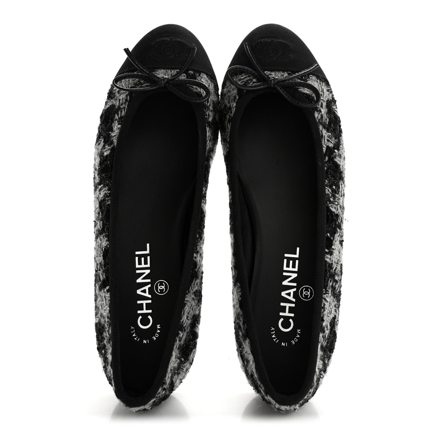 Wool Cotton Tweed Grosgrain Cap Toe Ballerina Flats 38 Black Gray