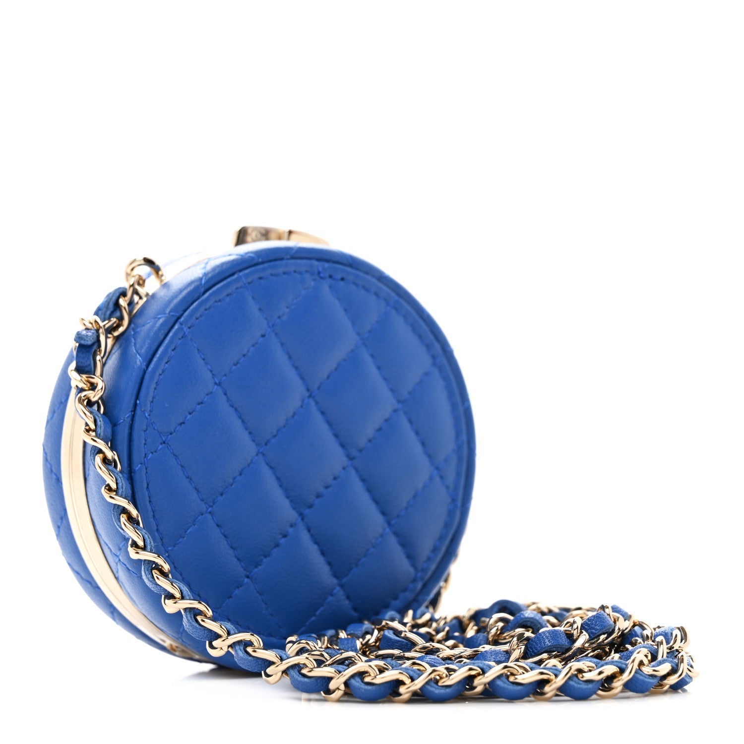 Lambskin Enamel Quilted Round Poker Chip Clutch With Chain Blue White