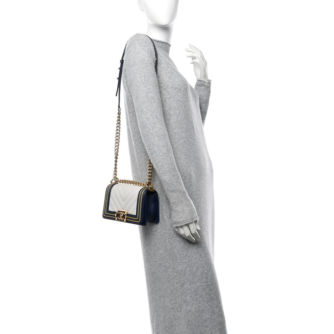 Calfskin Chevron Quilted Braided Small Boy Flap White Navy