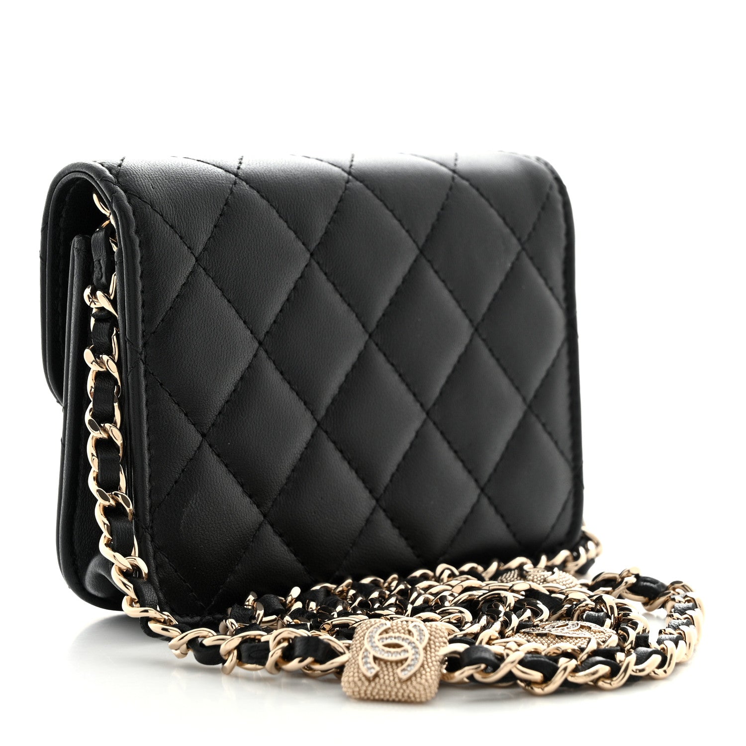 Lambskin Quilted Crystal CC Charm Clutch With Chain Black