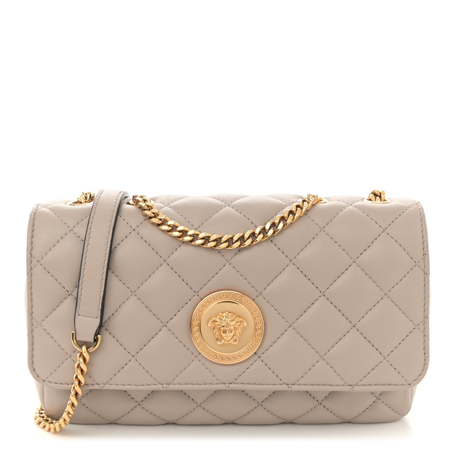 Nappa Quilted Medusa Medium Chain Crossbody Taupe