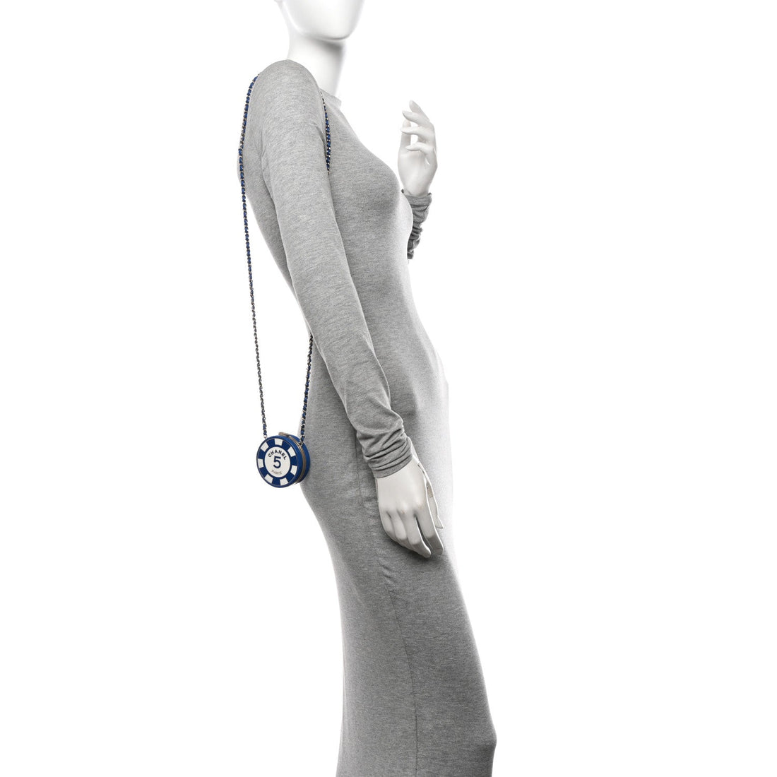 Lambskin Enamel Quilted Round Poker Chip Clutch With Chain Blue White