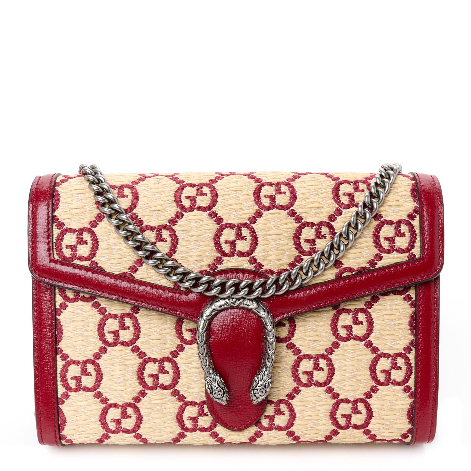 Straw Jacquard Azalea Calfskin GG Monogram Mini Dionysus Chain Wallet Natural New Cherry Red