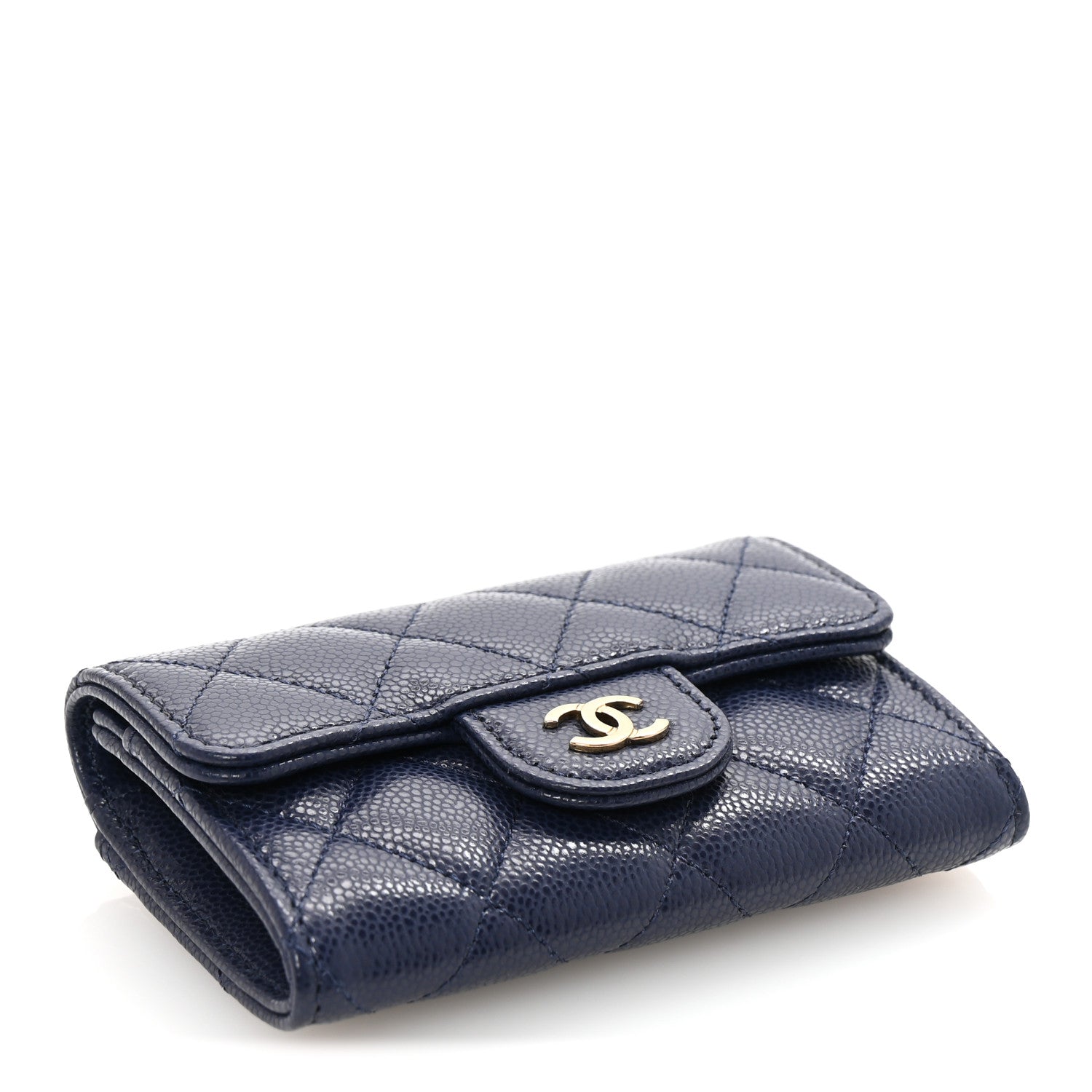 Caviar Quilted Flap Card Holder Wallet Navy Blue
