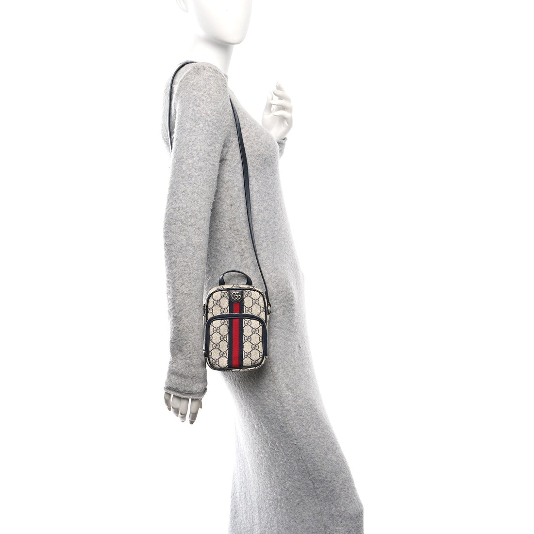 GG Supreme Monogram Textured Dollar Calfskin Web Mini Ophidia Double Zip Messenger Bag Beige Blue