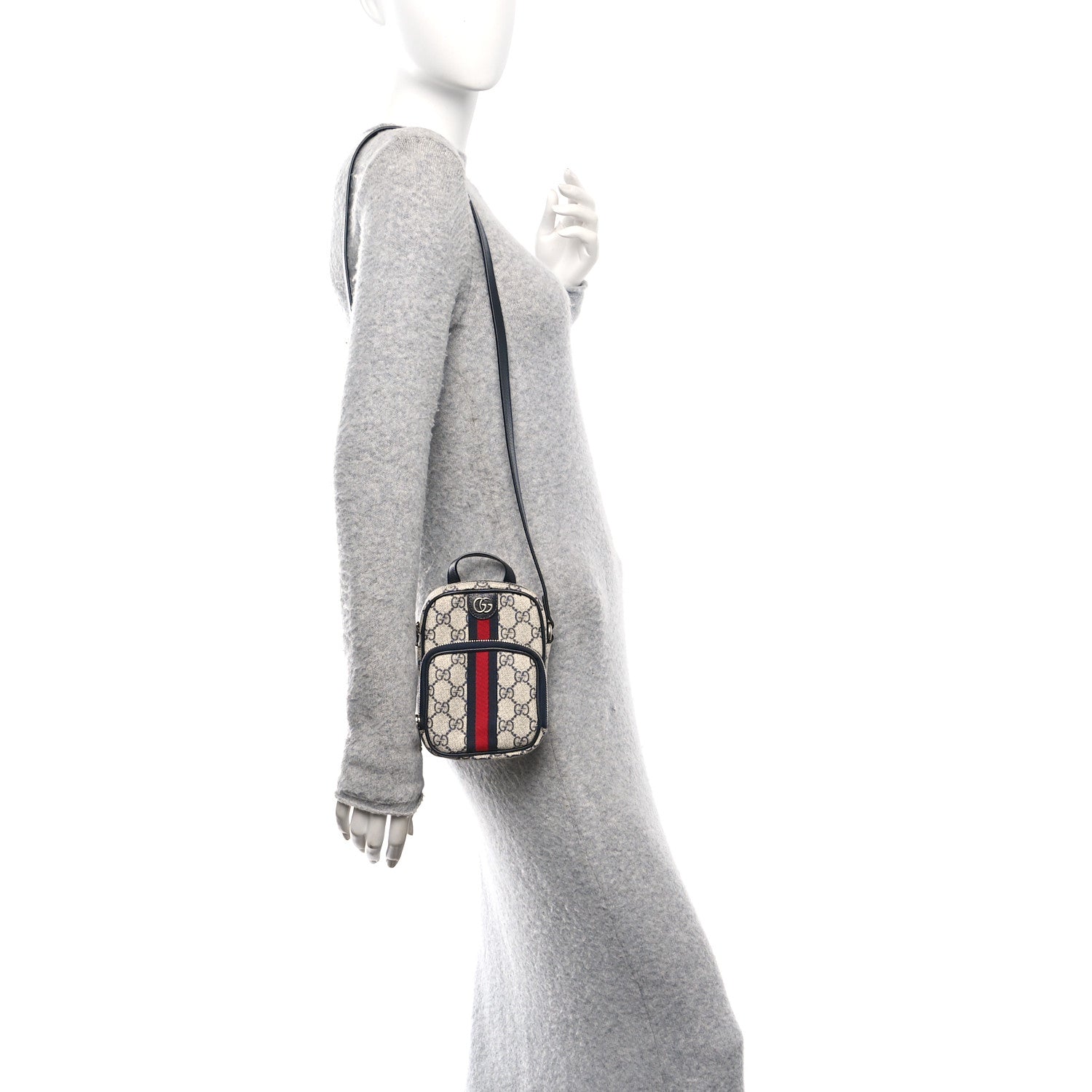 GG Supreme Monogram Textured Dollar Calfskin Web Mini Ophidia Double Zip Messenger Bag Beige Blue