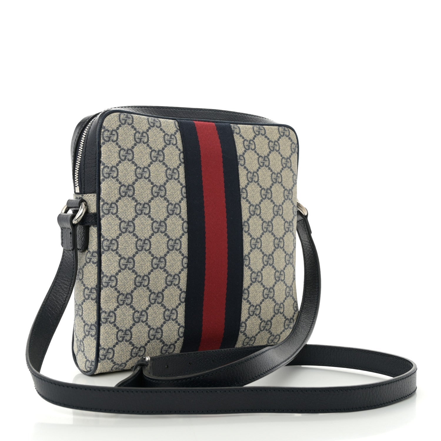 GG Supreme Monogram Textured Dollar Calfskin Web Small Ophidia Messenger Bag Beige Blue