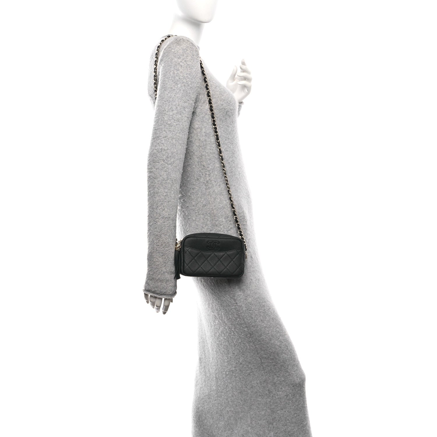 Iridescent Caviar Quilted Mini Coco Tassel Camera Case Black