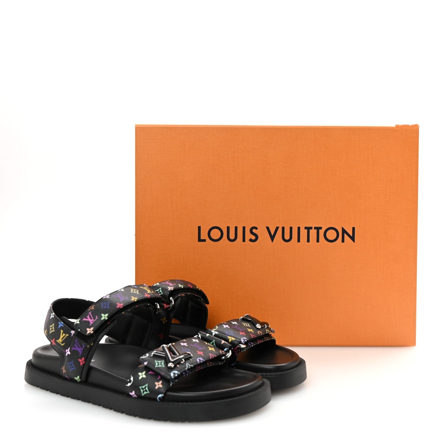 LV X TM Monogram Multicolor Sunset Flat Sandals 37.5 Black