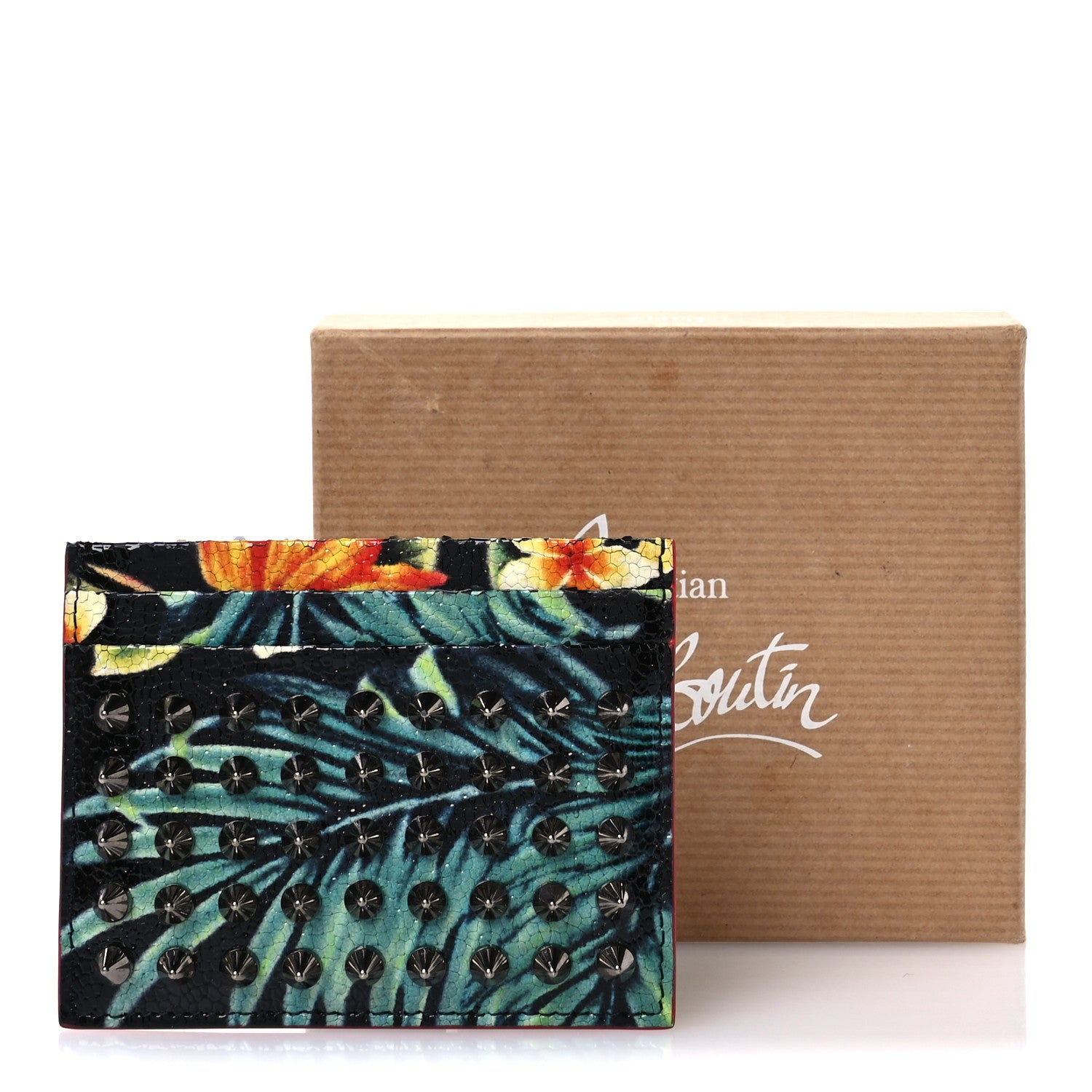 Crackled Calfskin Hawaii Print Paros Spikes Card Holder Black Gunmetal