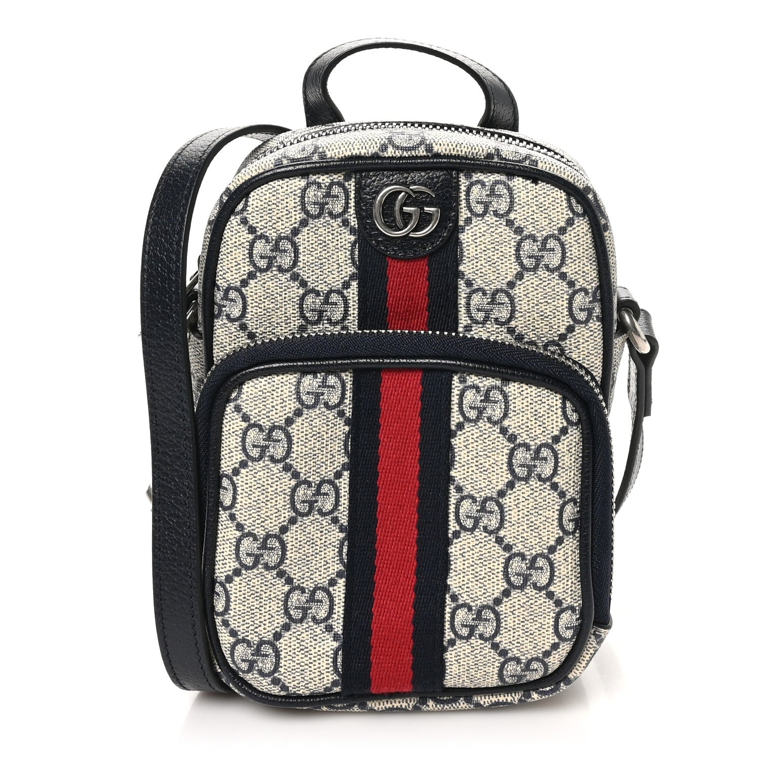 GG Supreme Monogram Textured Dollar Calfskin Web Mini Ophidia Double Zip Messenger Bag Beige Blue