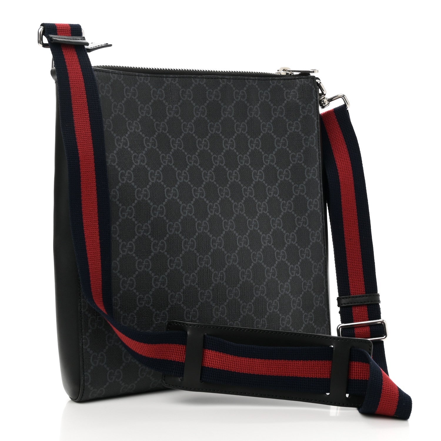 GG Supreme Monogram Appia Calfskin Web Flat Messenger Bag Black Grey