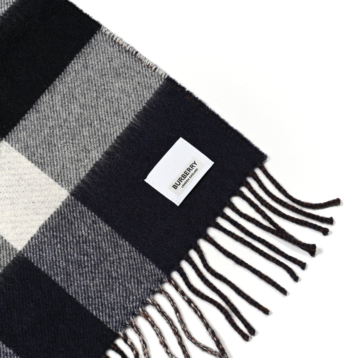 Cashmere Half Mega Check Monogram TB Reversible Fringe Scarf Dark Charcoal Blue