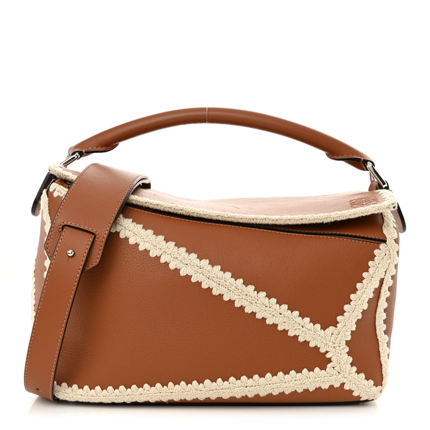Calfskin Crochet Trim Medium Puzzle Bag Tan