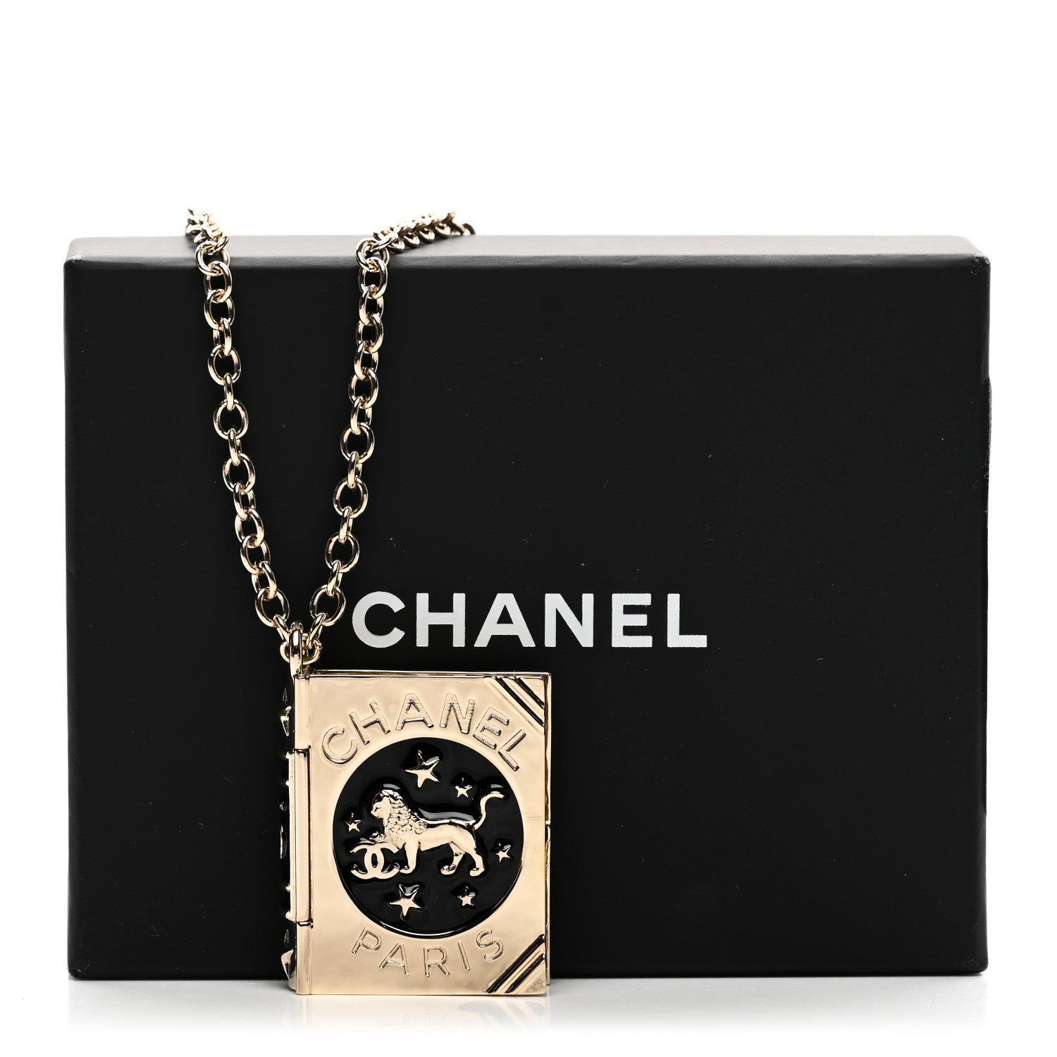 Metal CC Lion Book Locket Necklace Gold