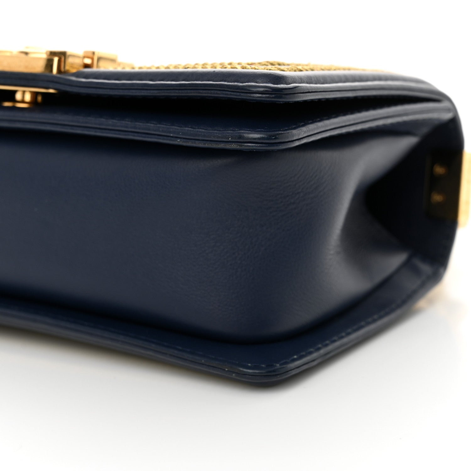 Calfskin Chevron Quilted Braided Small Boy Flap White Navy