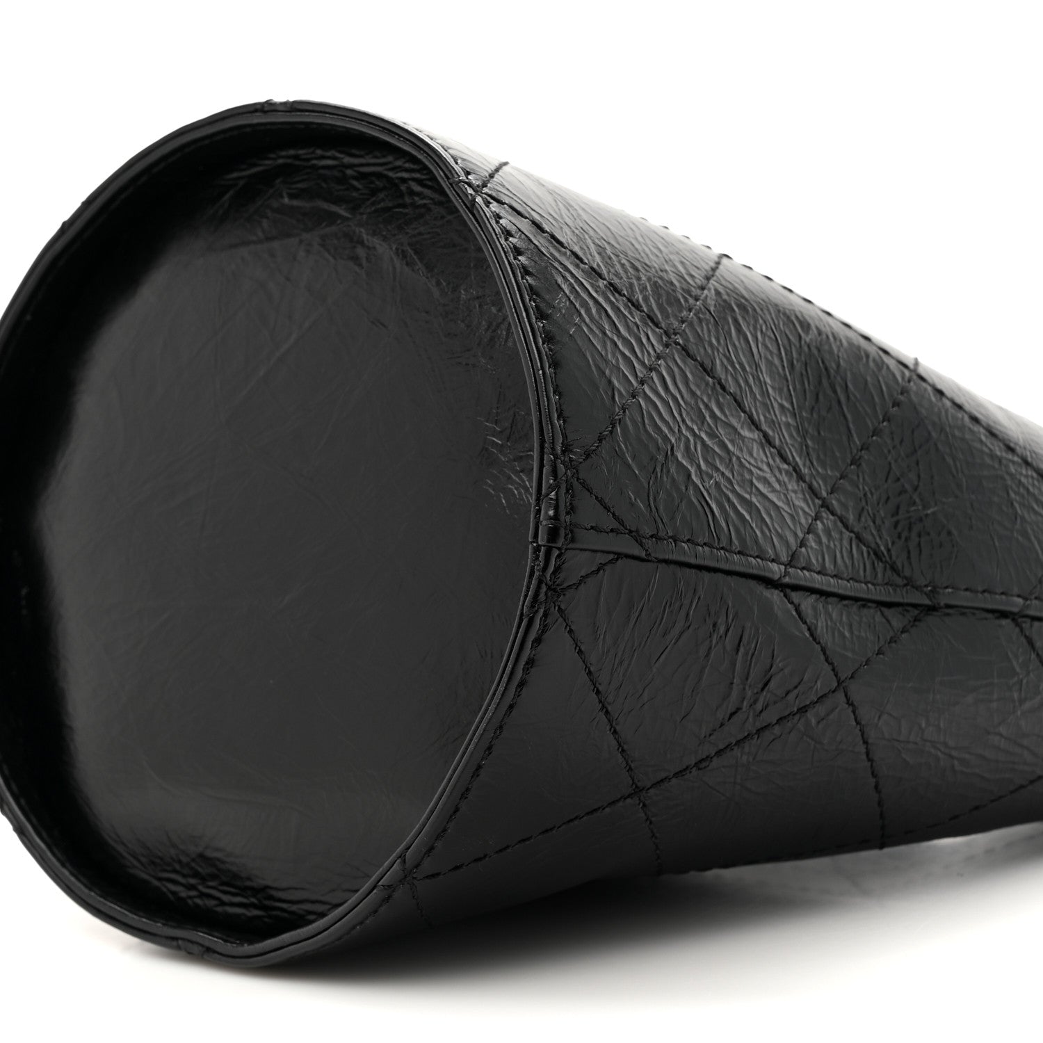 Crumpled Calfskin Quilted Chain Drawstring Bucket Bag Black