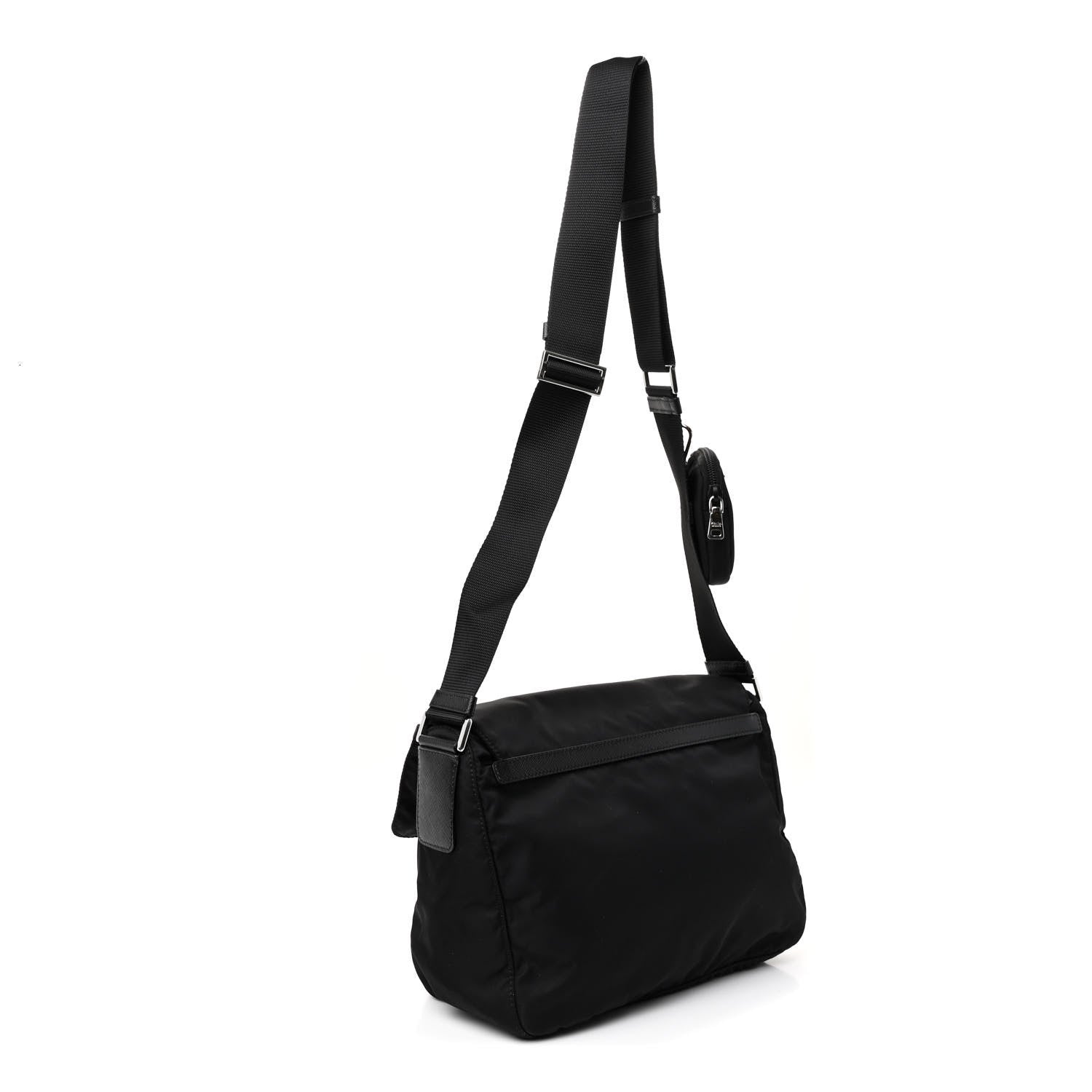 Re-Nylon Vela Saffiano Pocket Double Buckle Messenger Shoulder Bag Black