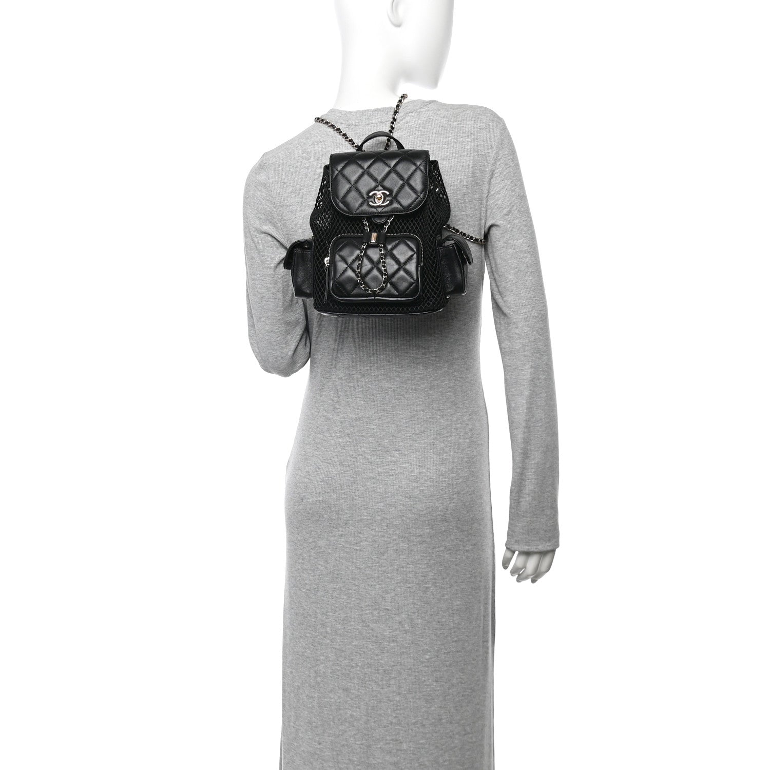 Shiny Lambskin Mesh Quilted Small Cargo Duma Drawstring Backpack Black