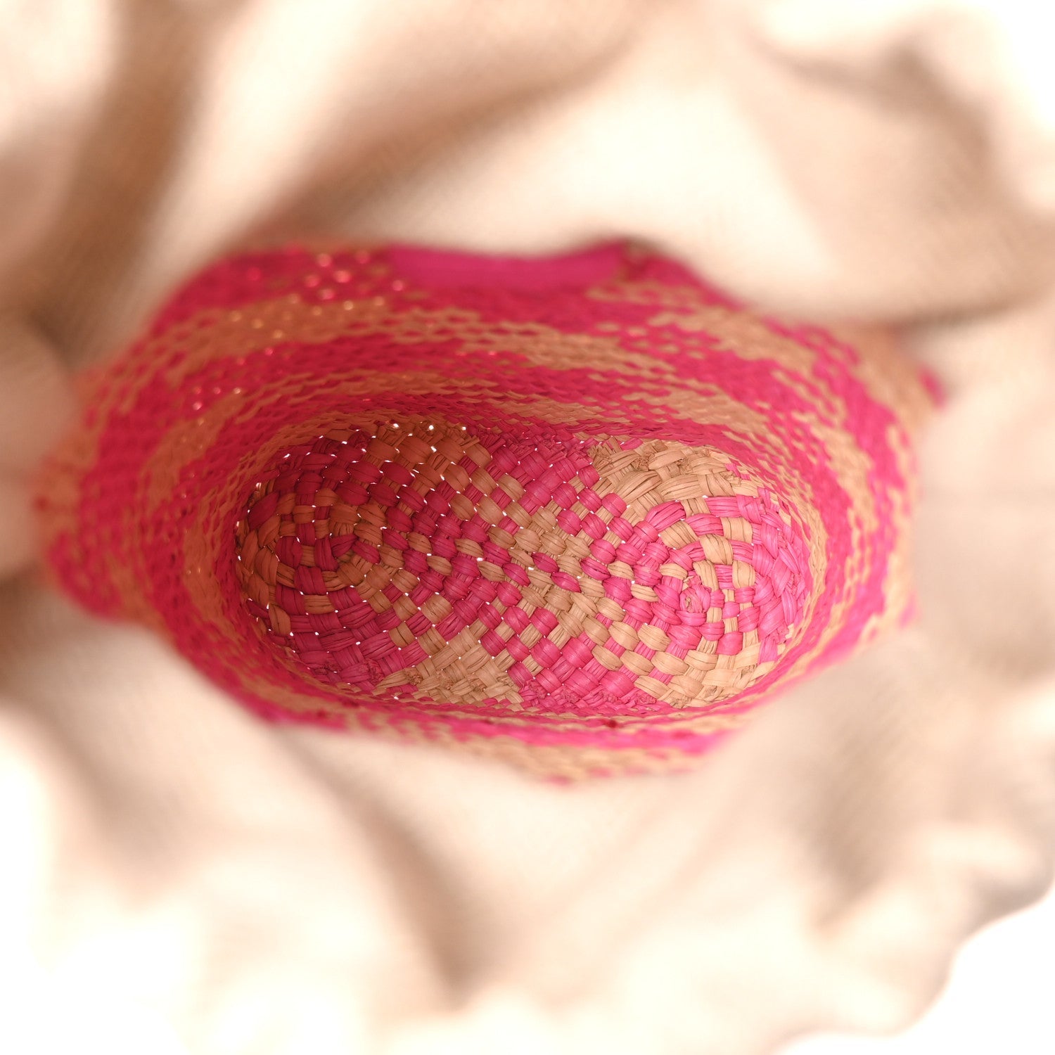 Iraca Palm Calfskin Anagram Square Pocket Bucket Bag Natural Fuchsia