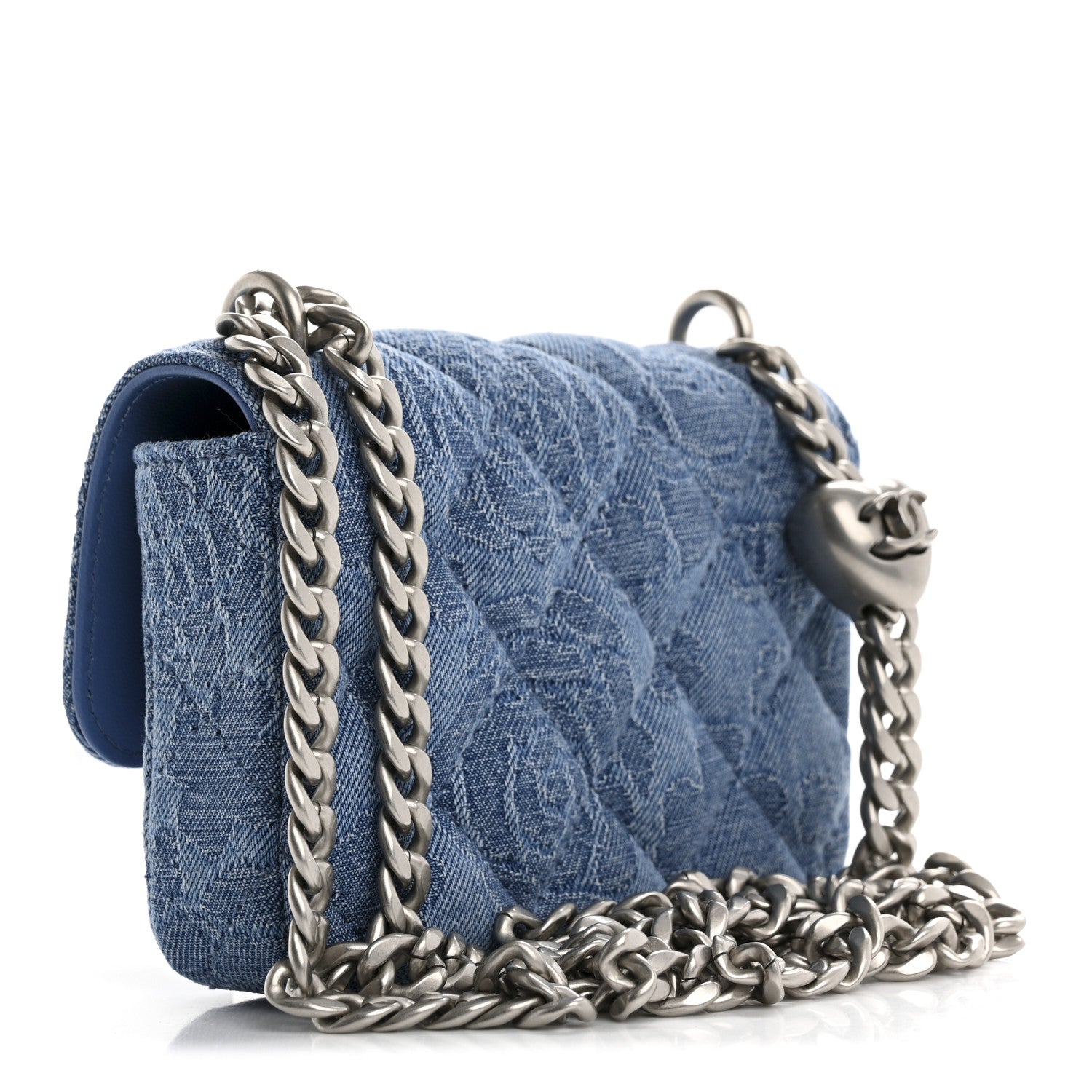 Denim Quilted Camellia Sweetheart Card Holder With Chain Blue
