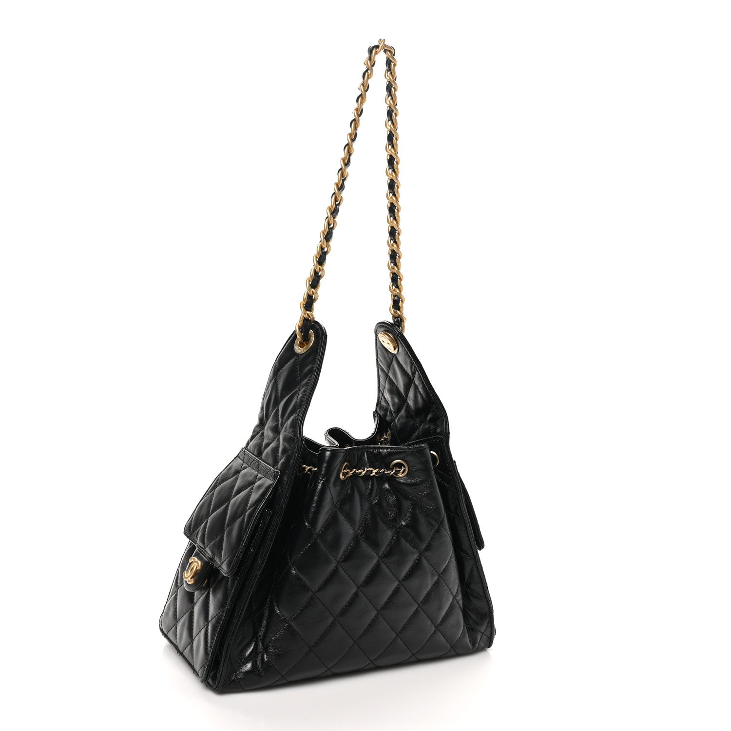 Shiny Calfskin Quilted Small Chanel 25 Handbag Black