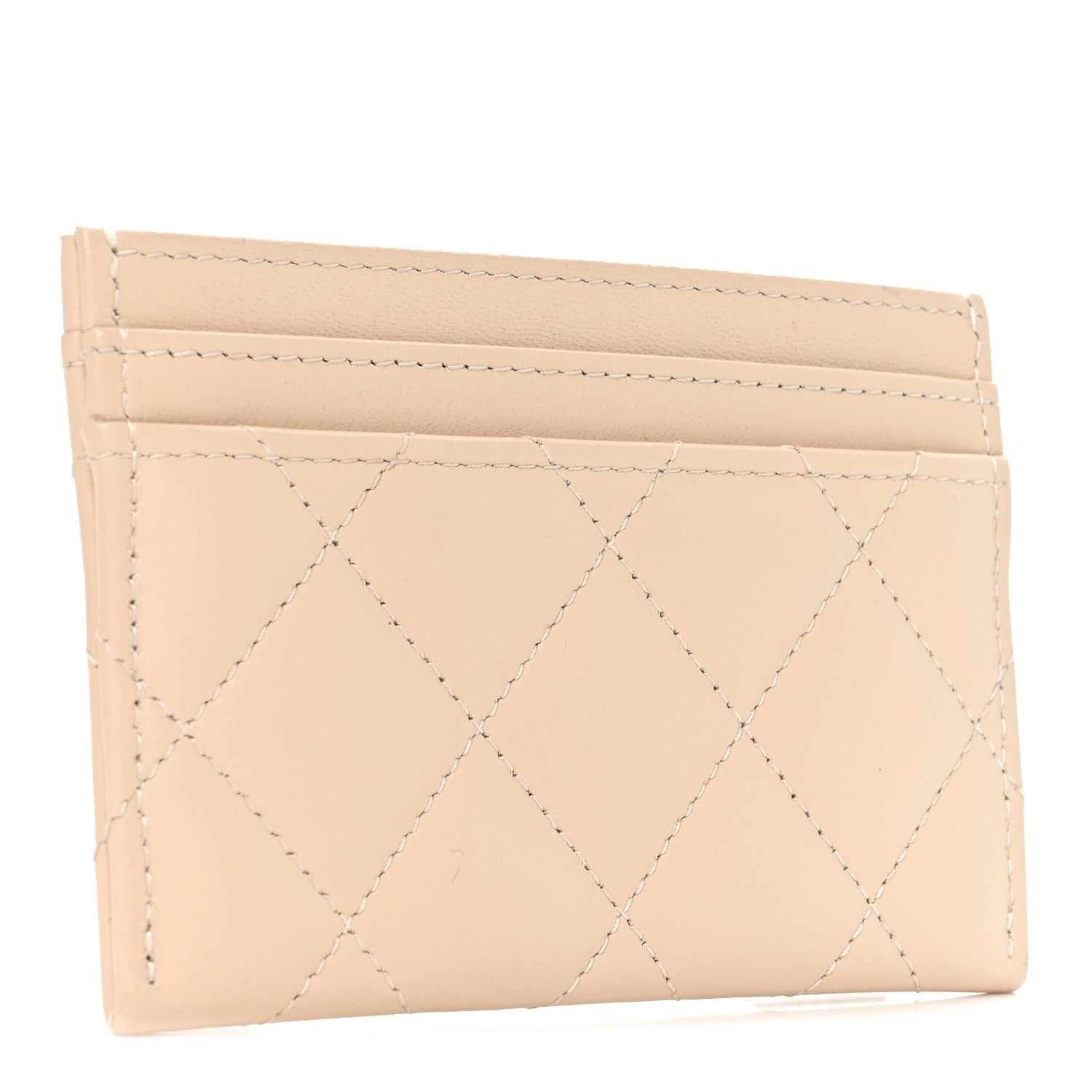 Lambskin Quilted Crystal CC Card Holder Beige