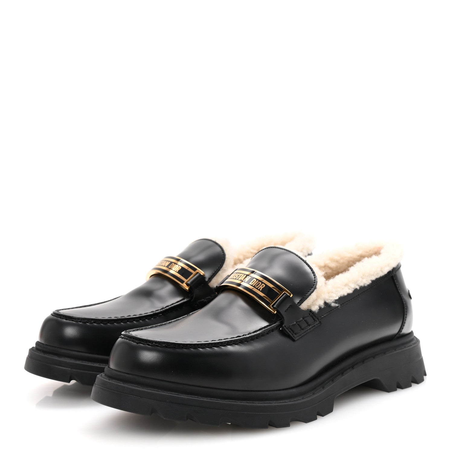 Brushed Calfskin Shearling Dior Code Lug Sole 15mm Loafers 41 Black Natural