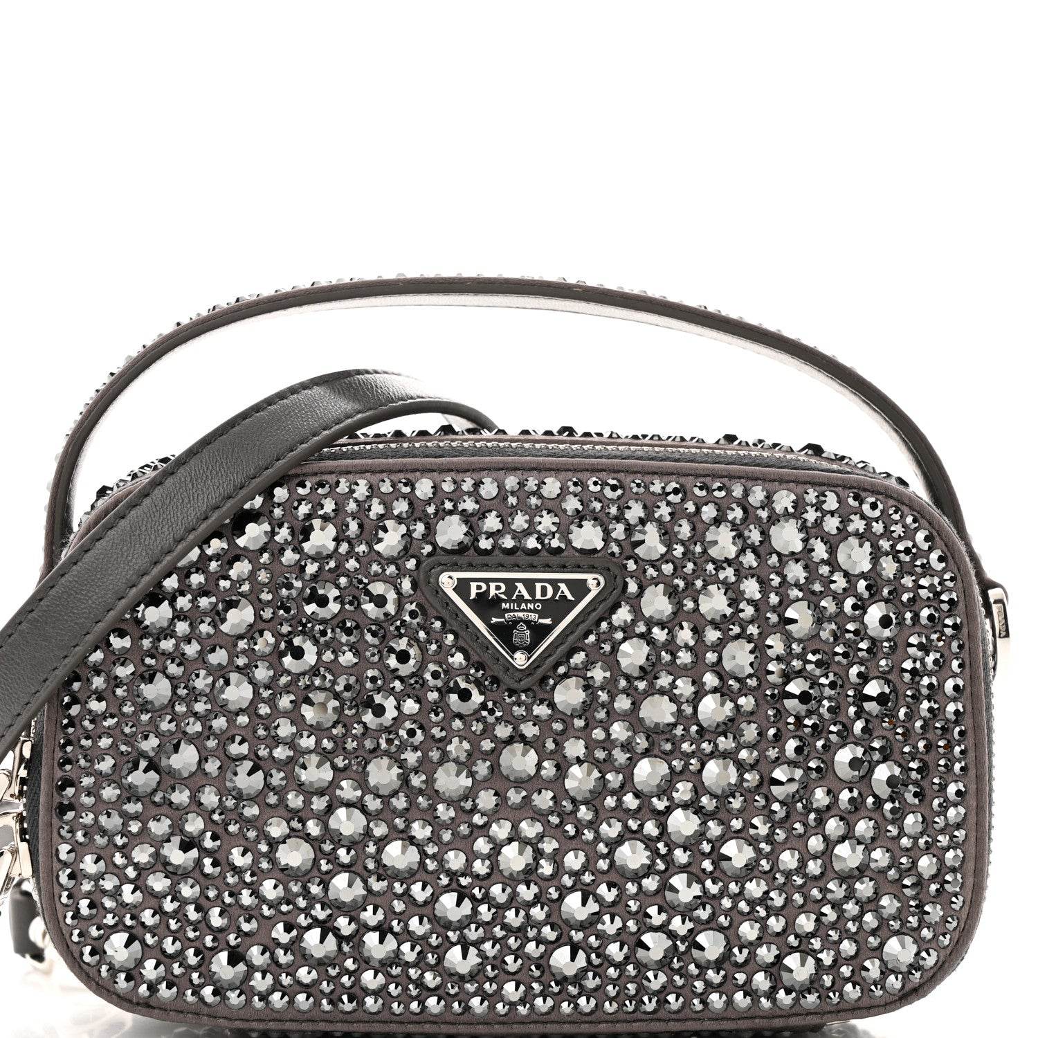 Satin Crystal Metal Triangle Logo Odette Crossbody Fumo