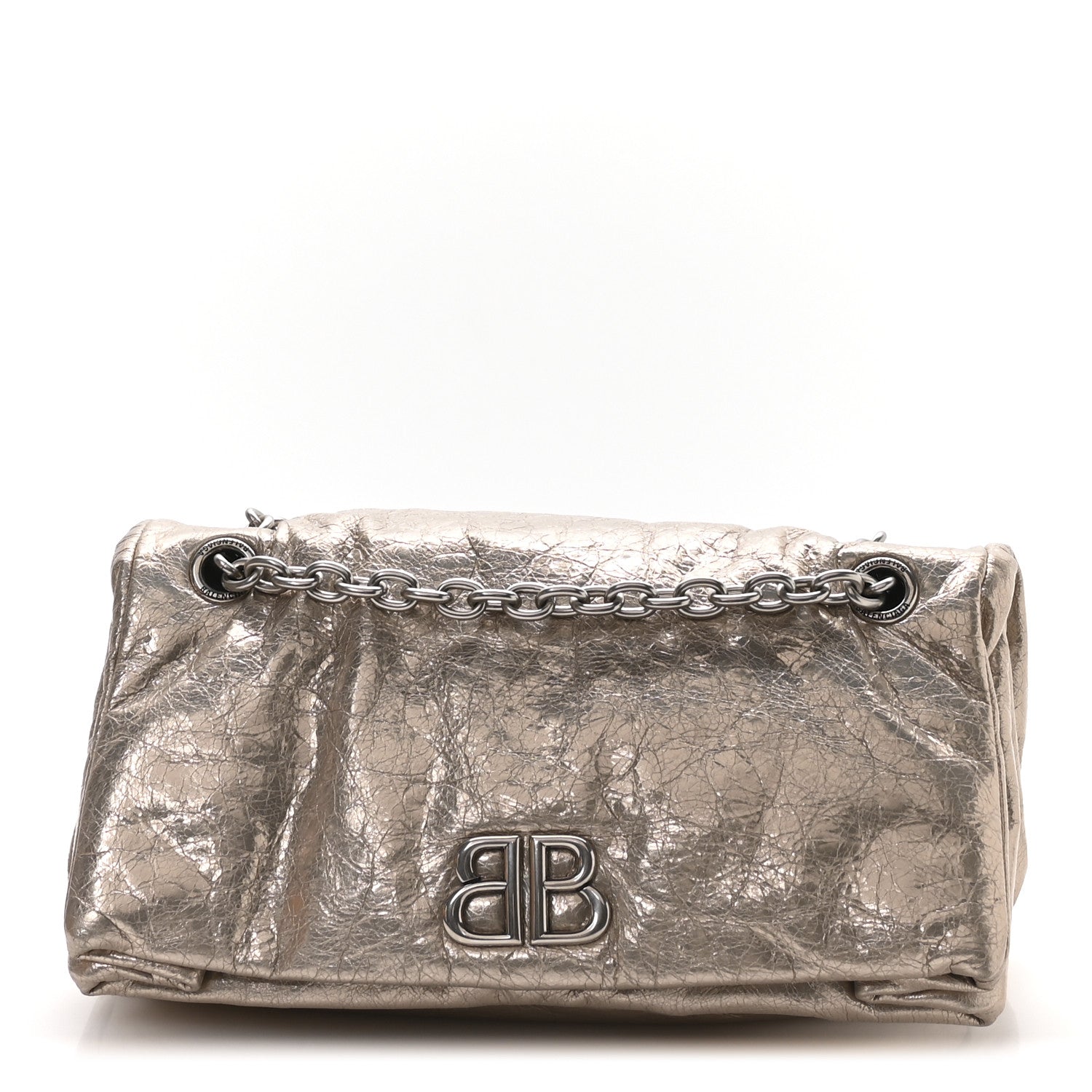 Metallized Arena Calfskin Small Monaco Chain Shoulder Bag Stone Beige