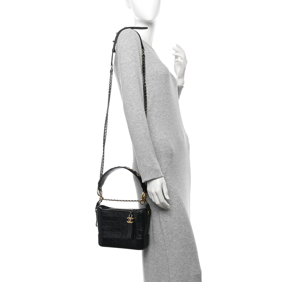 Calfskin Crocodile Embossed Small Gabrielle Cocodile Hobo Black