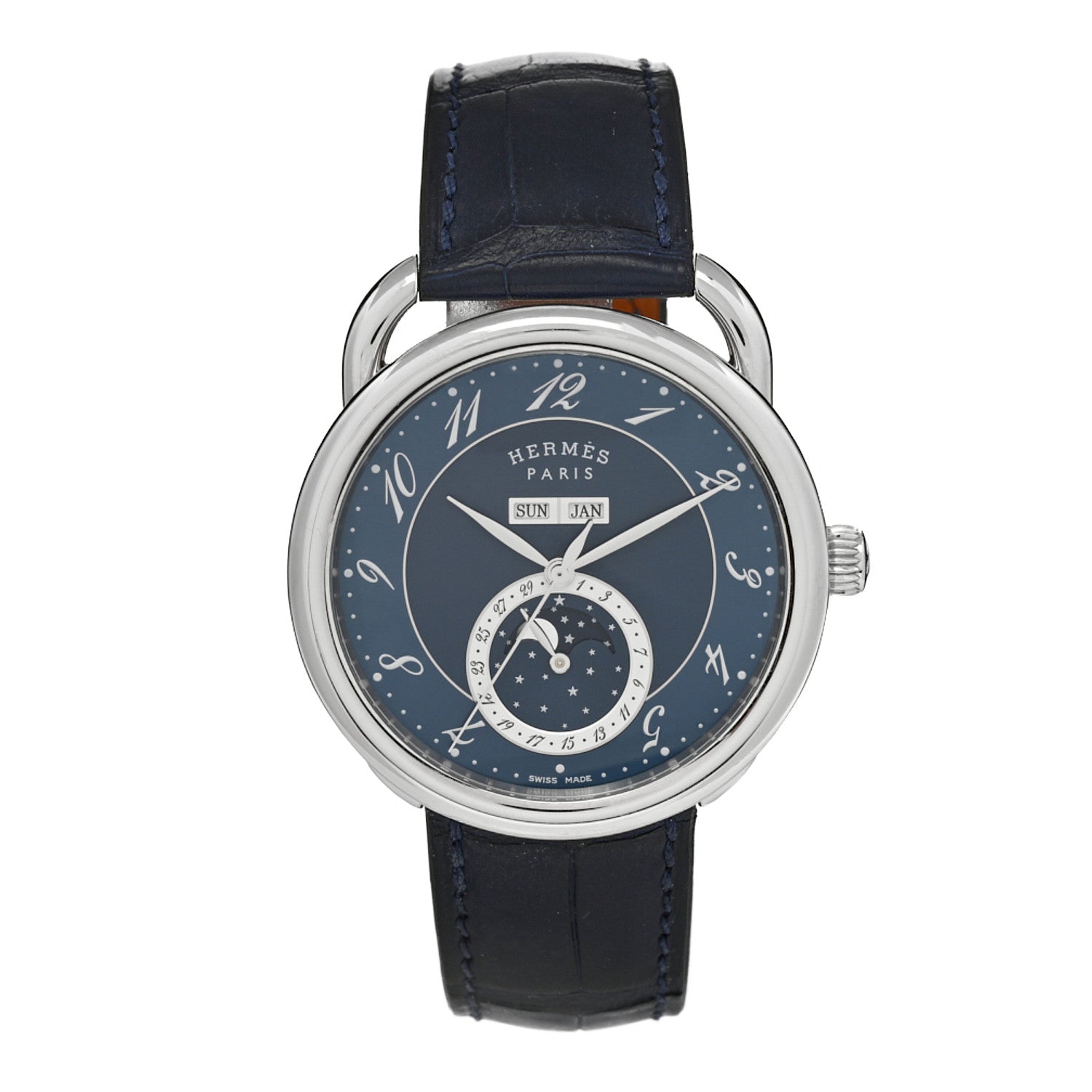 Stainless Steel Alligator 43mm Arceau Grande Lune Automatic Watch Bleu Abysse