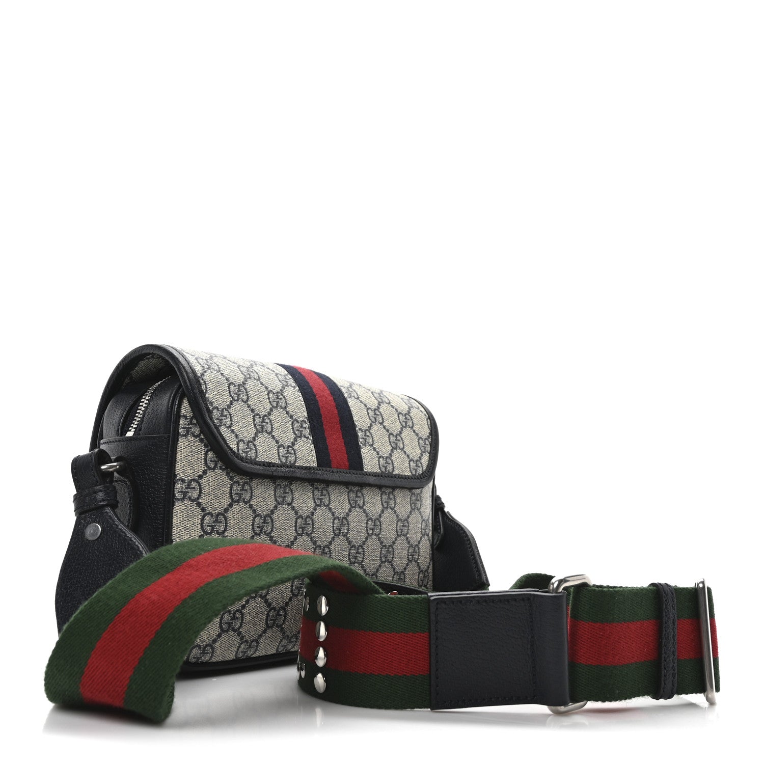 GG Supreme Monogram Textured Dollar Calfskin Web Studded Mini Ophidia Flap Shoulder Bag Beige Blue