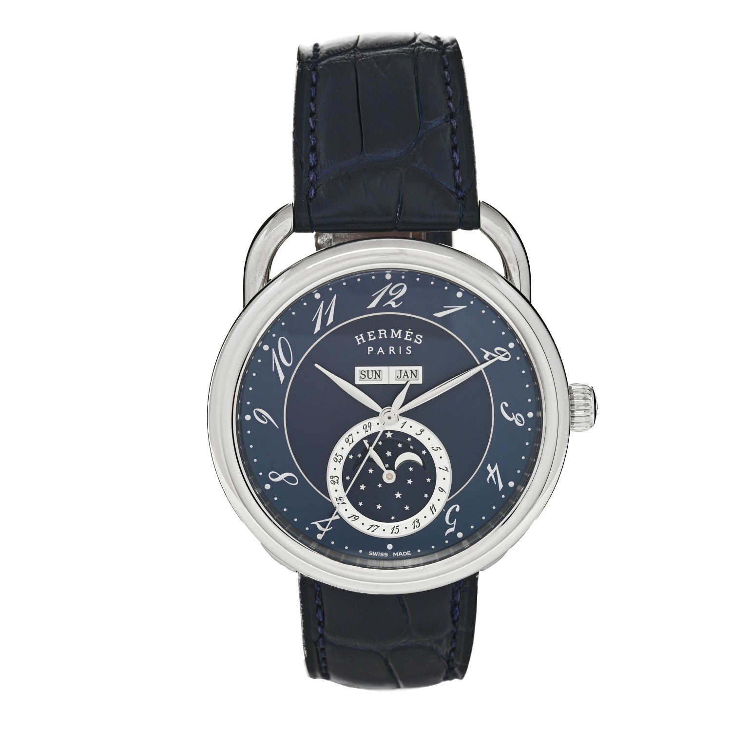 Stainless Steel Alligator 43mm Arceau Grande Lune Automatic Watch Bleu Abysse