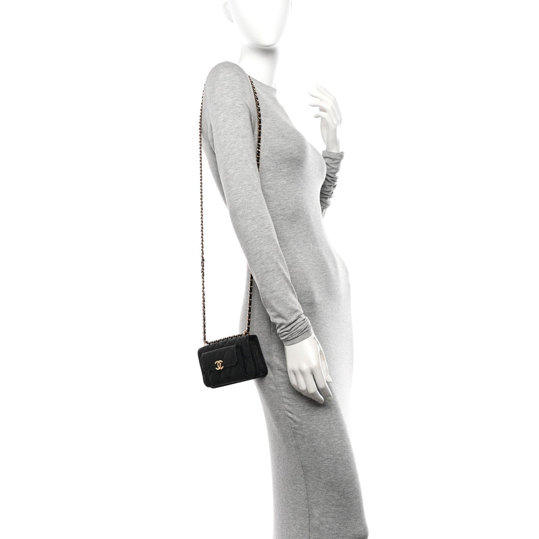 Caviar Quilted Pocket Twins Clutch With Chain Black