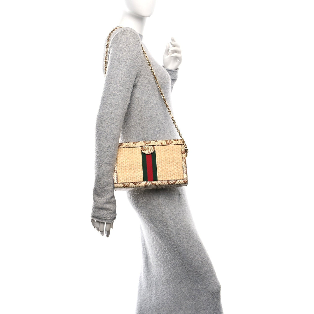 Raffia Elaphe GG Small Ophidia Chain Shoulder Bag Natural Cream Brown