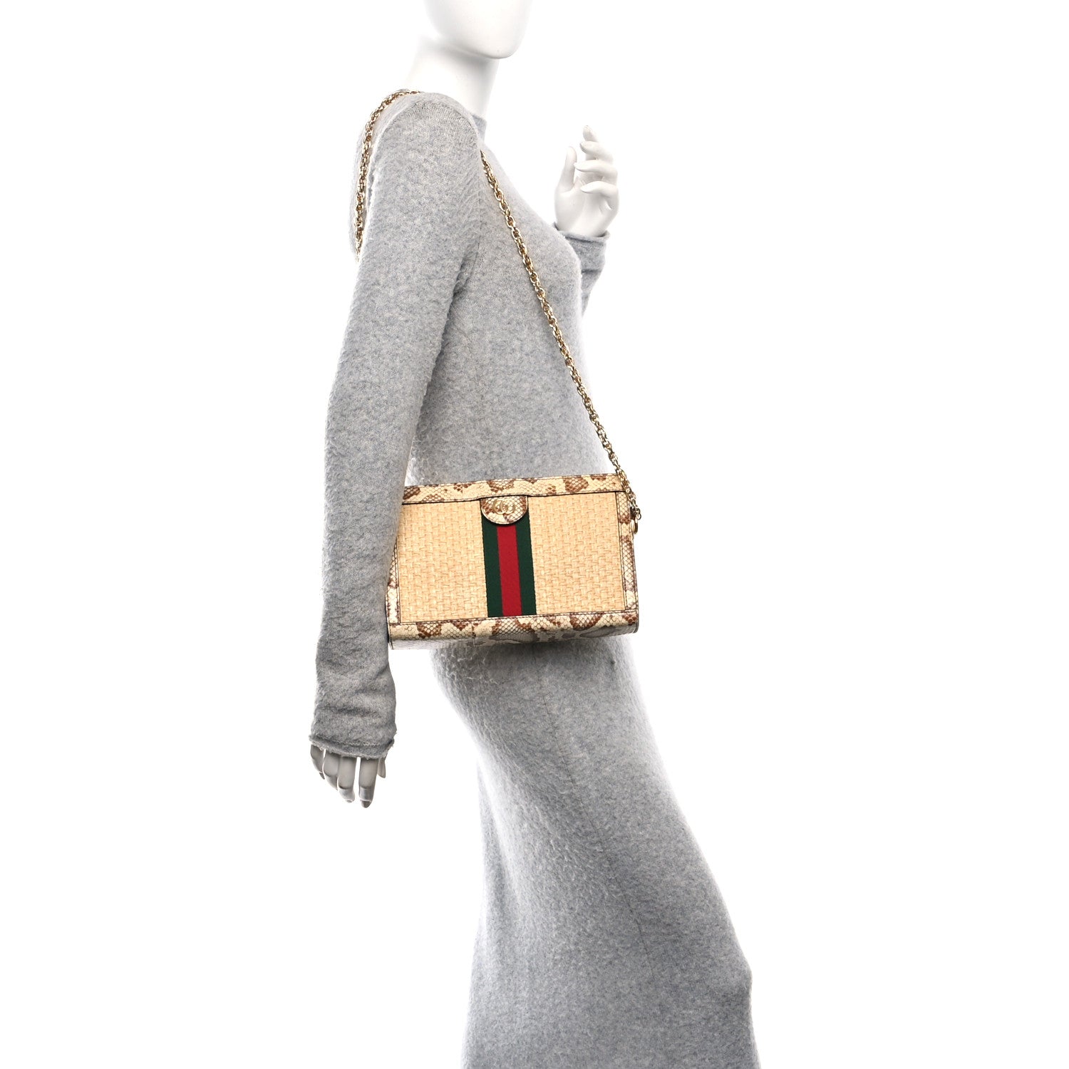 Raffia Elaphe GG Small Ophidia Chain Shoulder Bag Natural Cream Brown