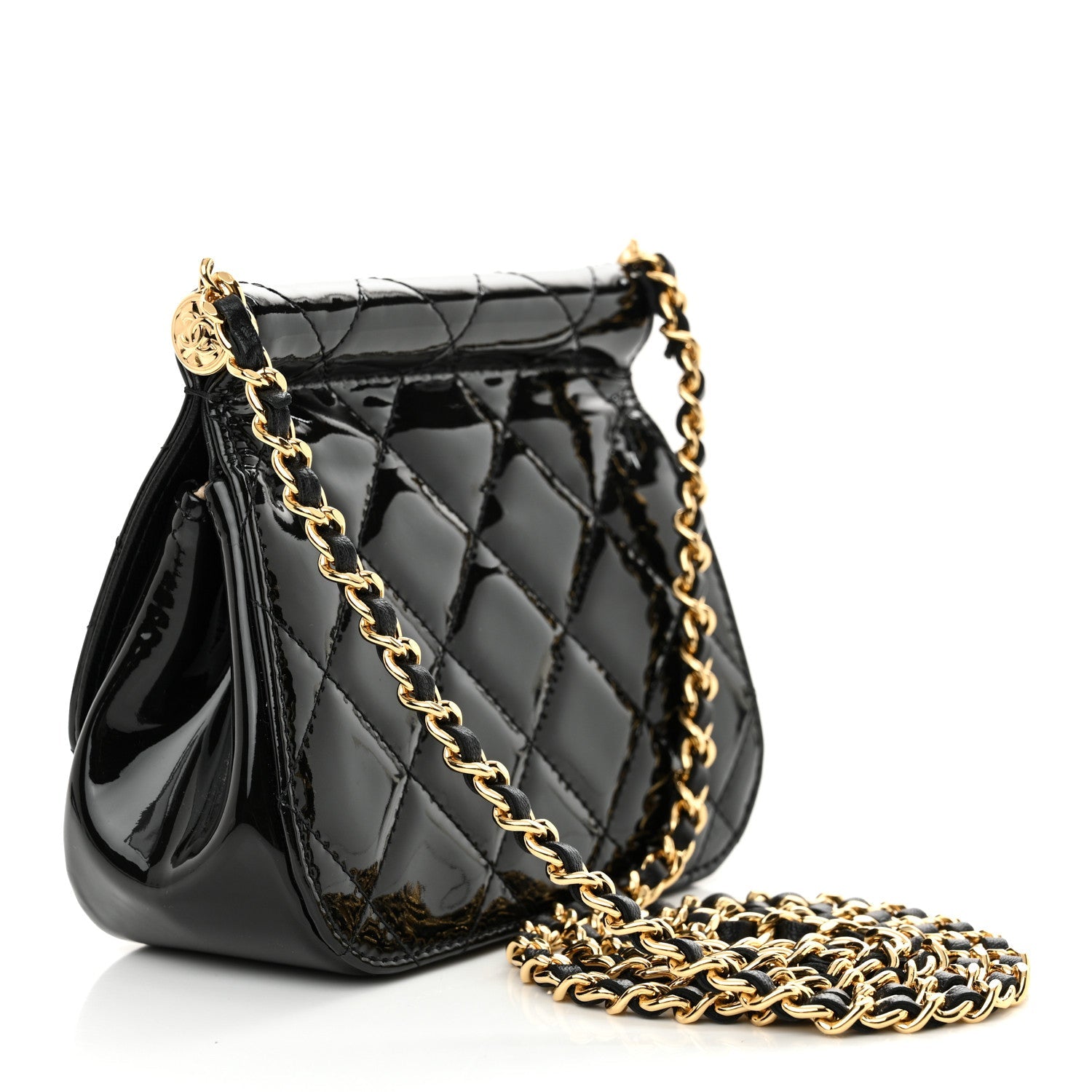 Patent Quilted Frame Clutch Flap With Chain Black