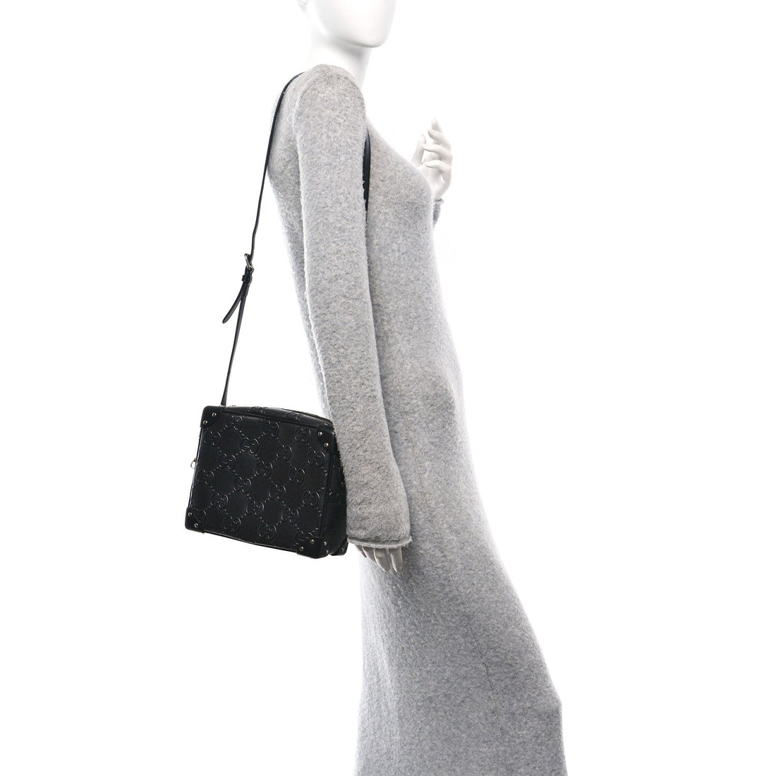 Calfskin GG Tennis Embossed Square Messenger Bag Black