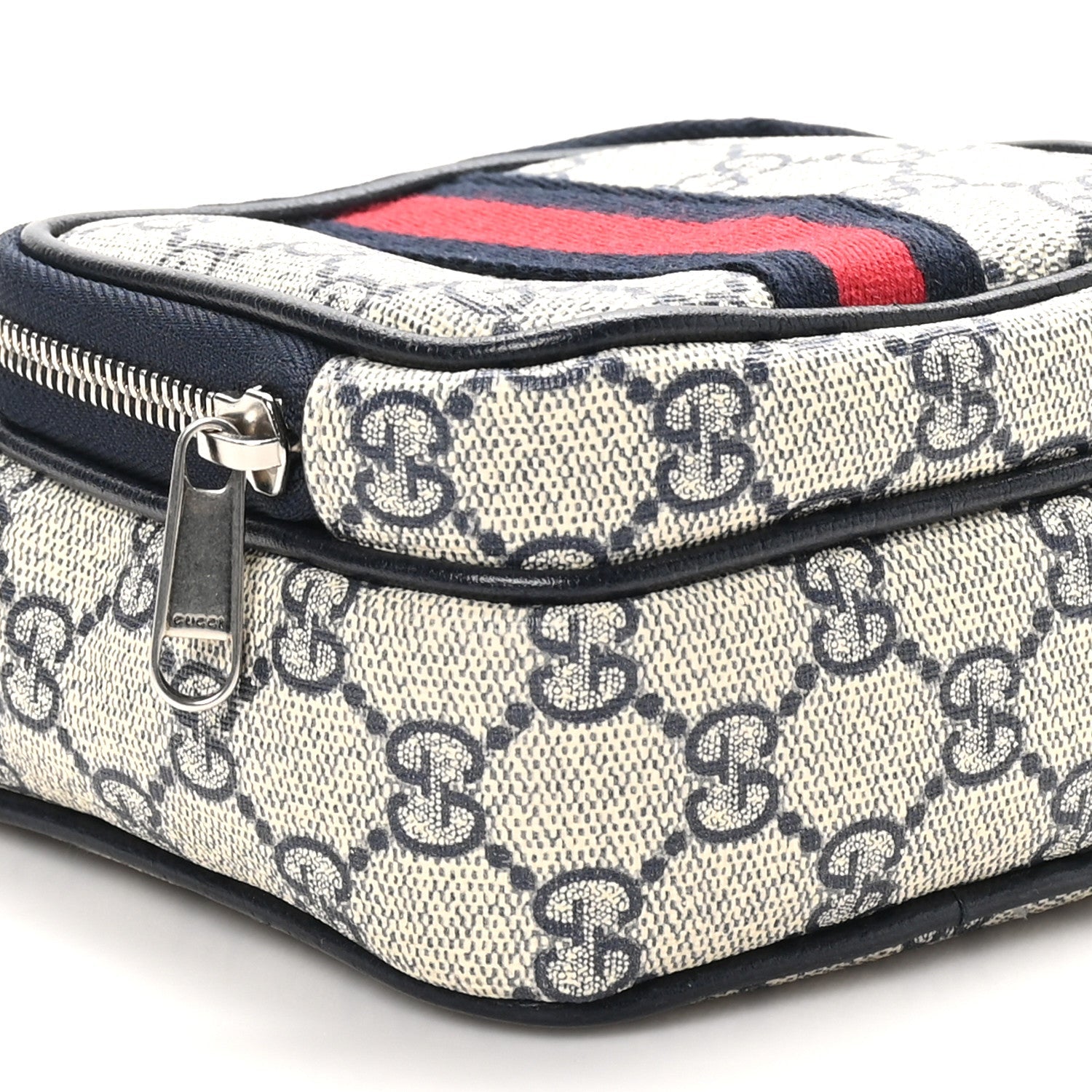 GG Supreme Monogram Textured Dollar Calfskin Web Mini Ophidia Double Zip Messenger Bag Beige Blue